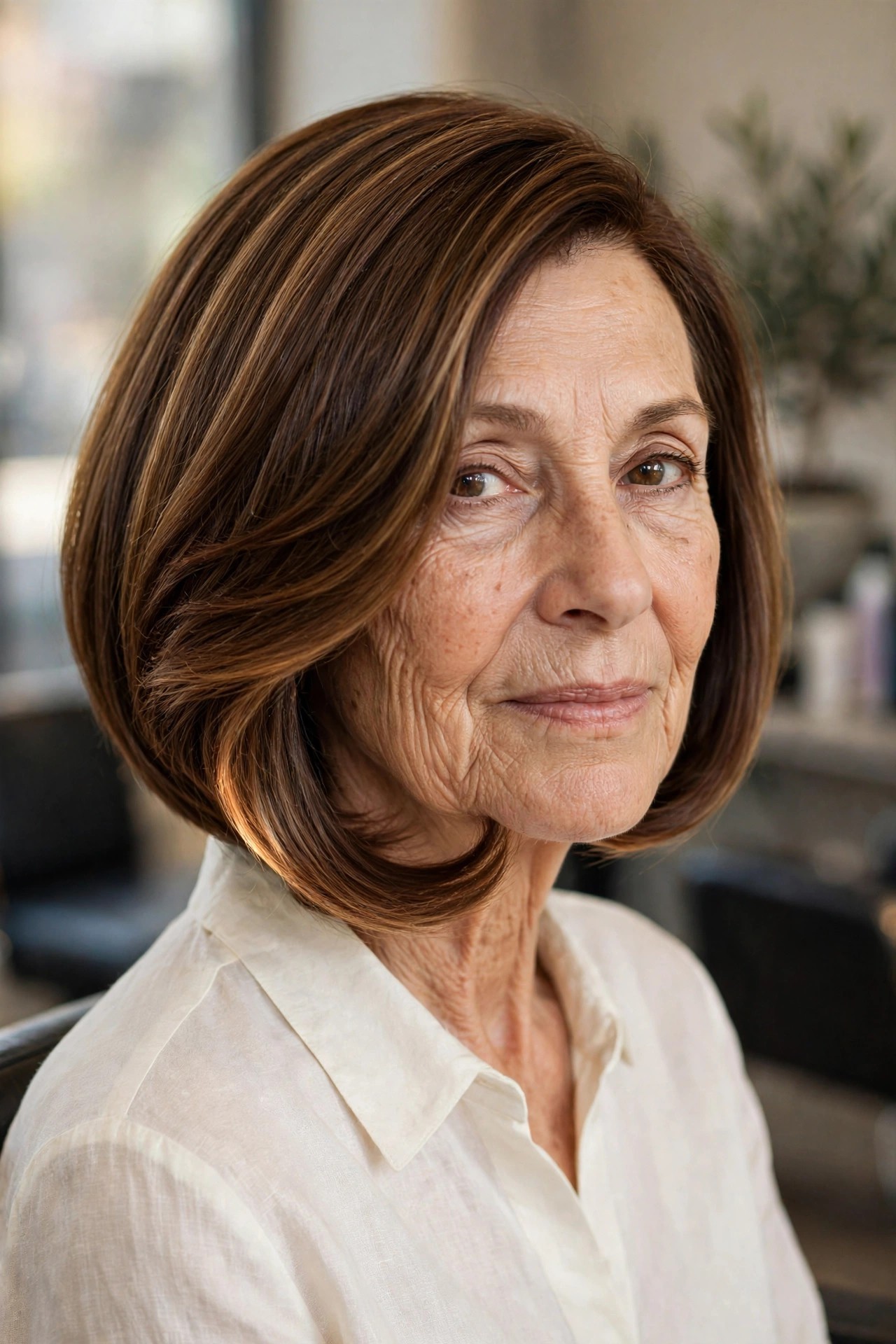 Glossy Brunette Asymmetrical Bob Blowout — asymmetrical bob haircut on a woman over 60