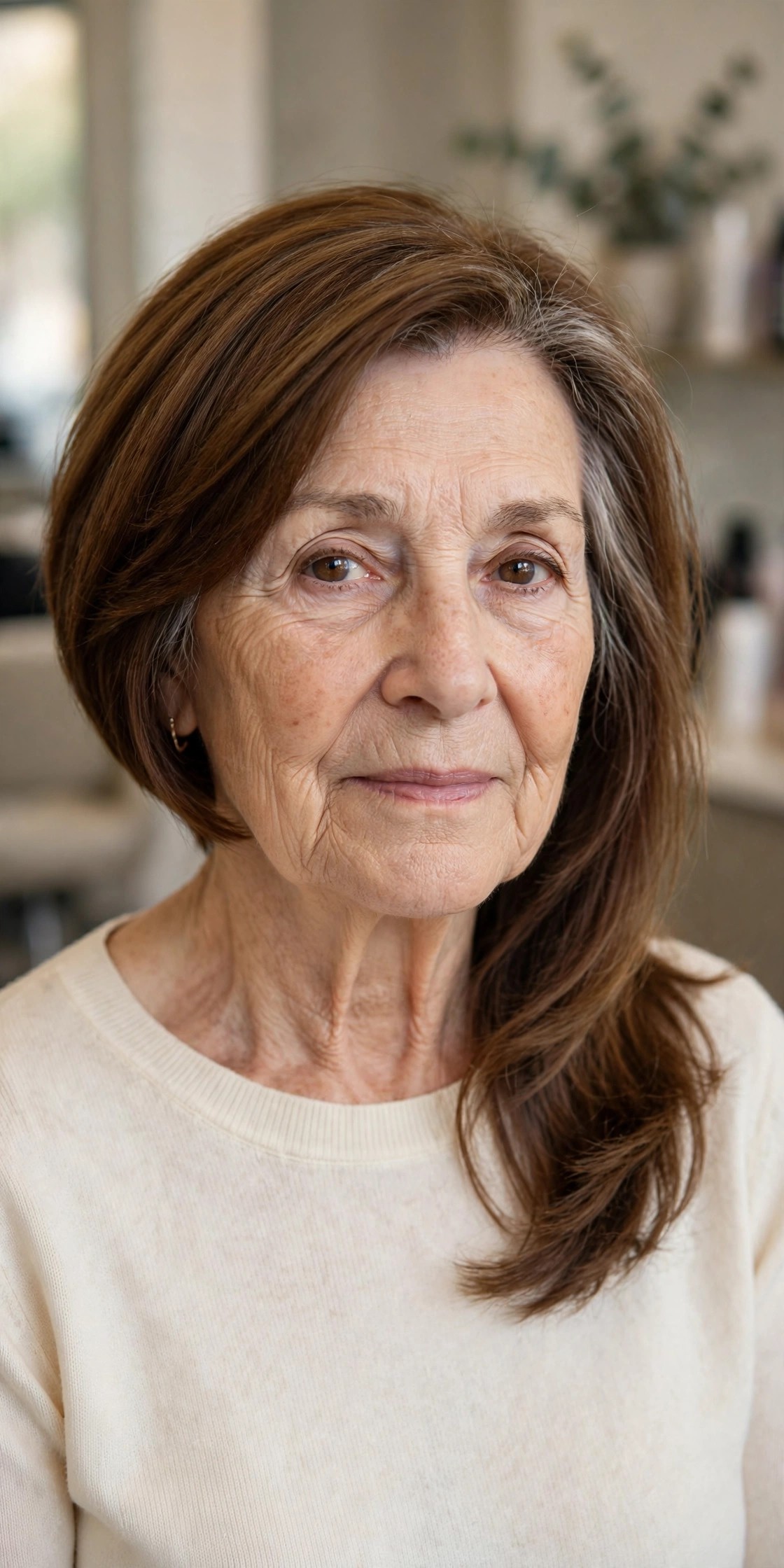 Jaw-Short on One Side, Collarbone-Long on the Other — asymmetrical bob haircut on a woman over 60
