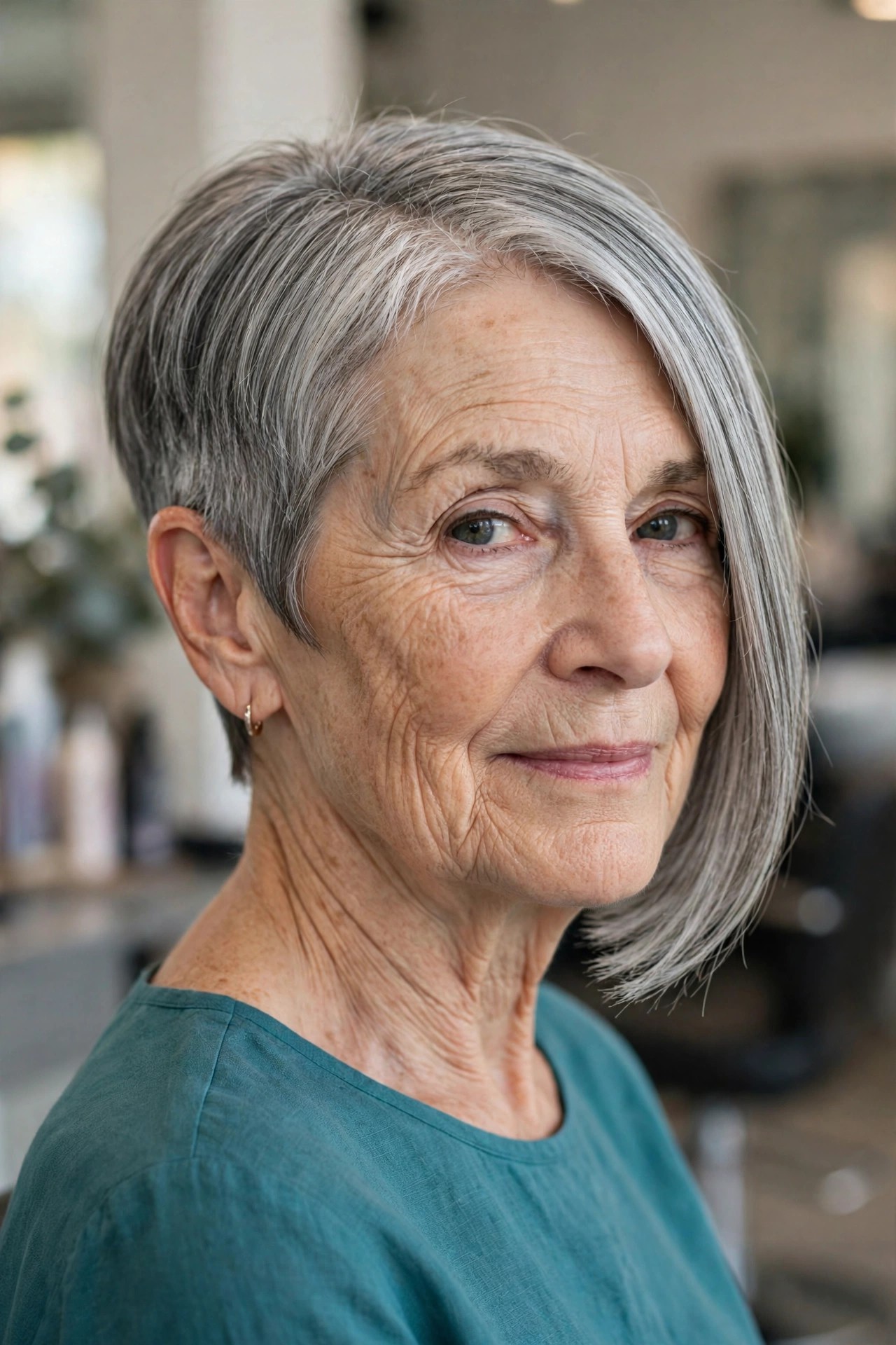 Short Side Tucked Behind the Ear, Long Side Left to Fall — asymmetrical bob haircut on a woman over 60
