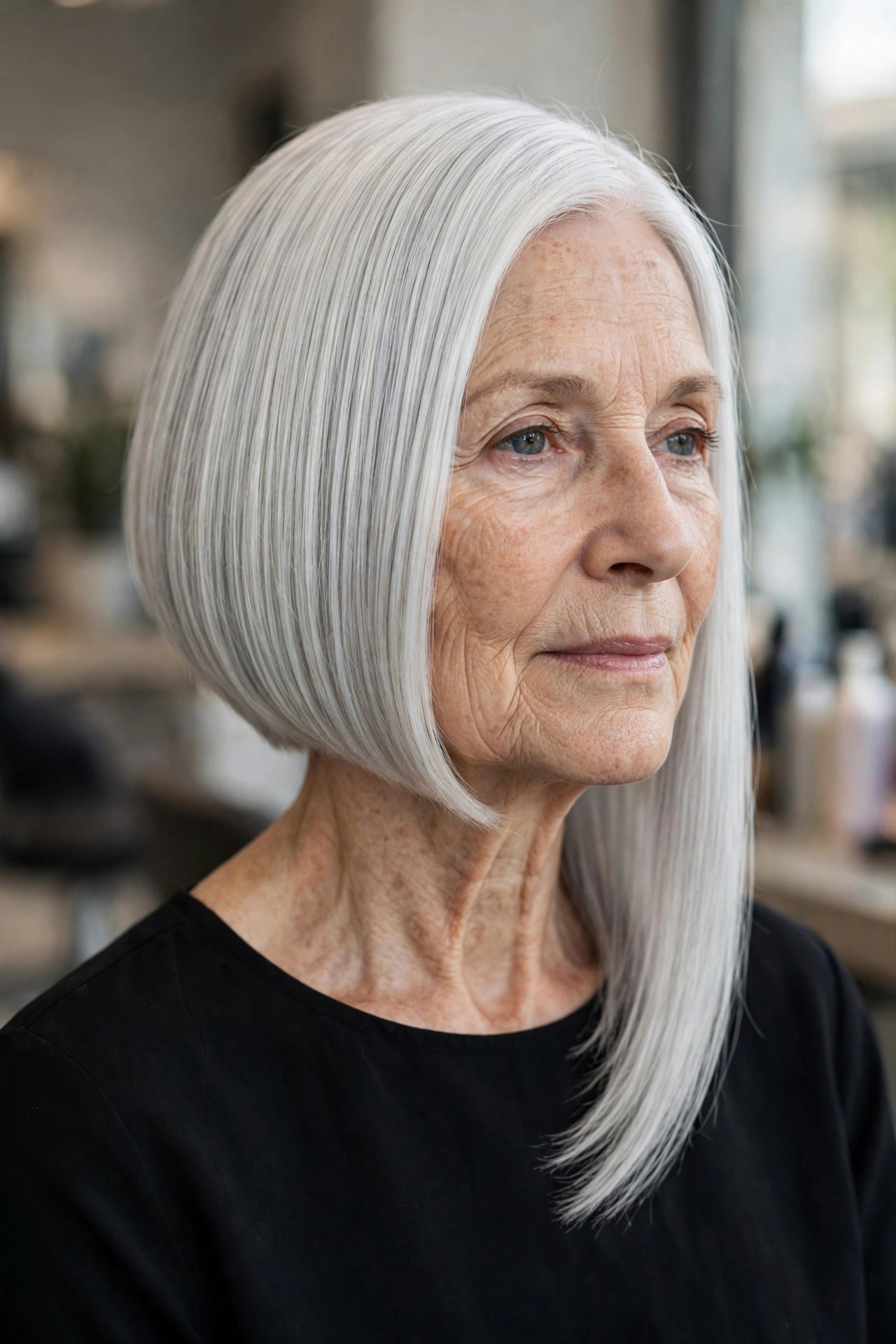 Sleek Silver Asymmetrical Bob with a Long Front Panel — asymmetrical bob haircut on a woman over 60