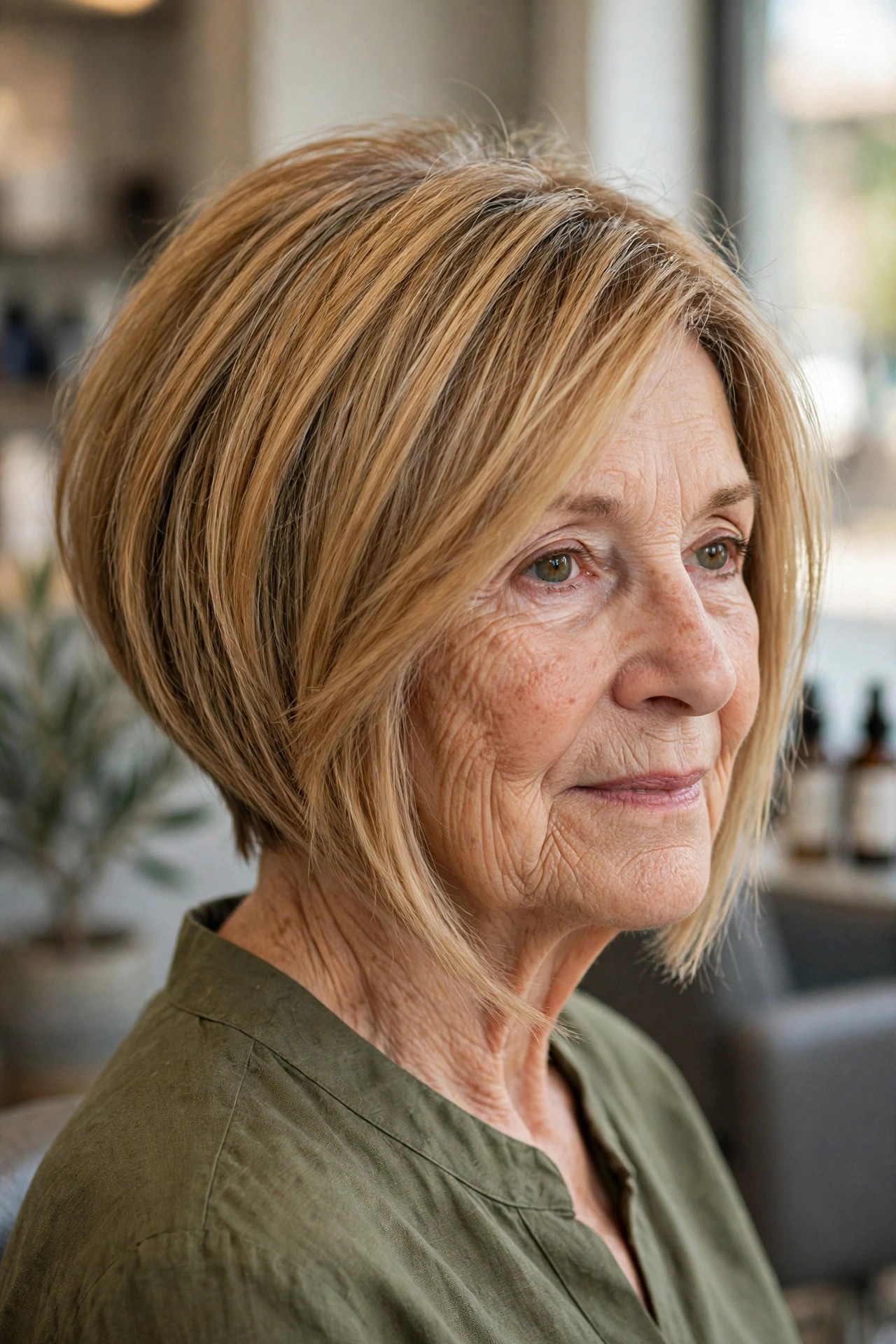 Angled-Forward A-Line Asymmetrical Bob — asymmetrical bob haircut on a woman over 60