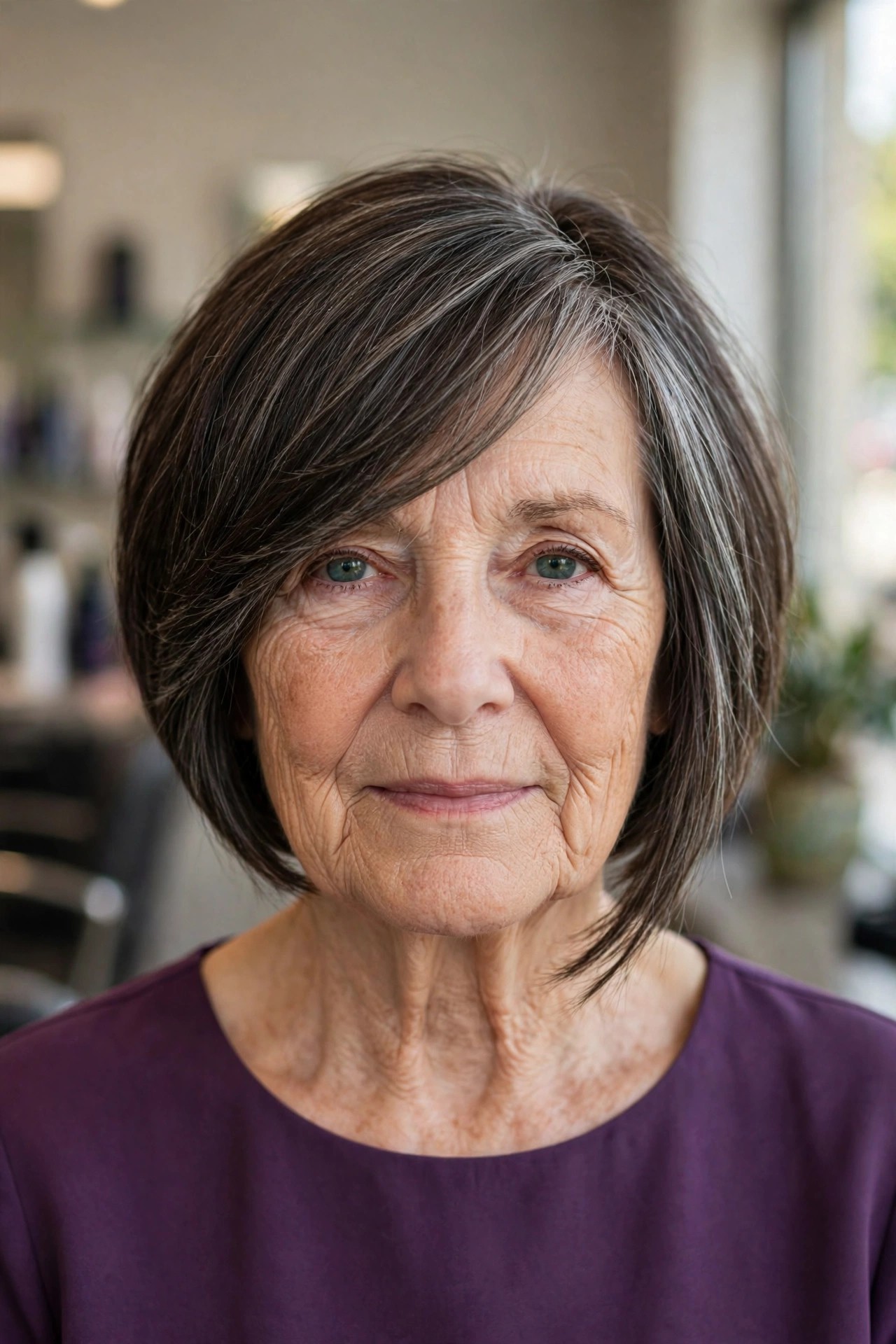 Asymmetrical Bob with a Side-Swept Fringe — asymmetrical bob haircut on a woman over 60