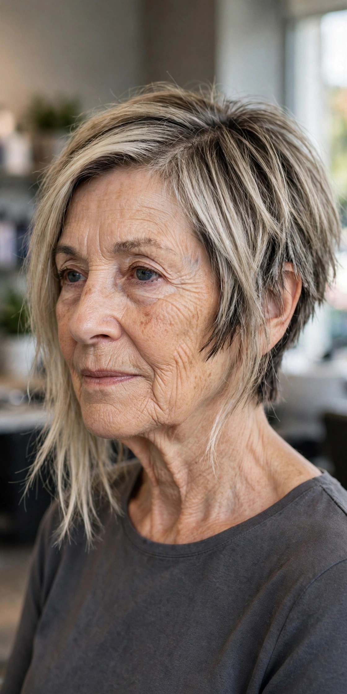 Choppy Textured Asymmetrical Bob — asymmetrical bob haircut on a woman over 60