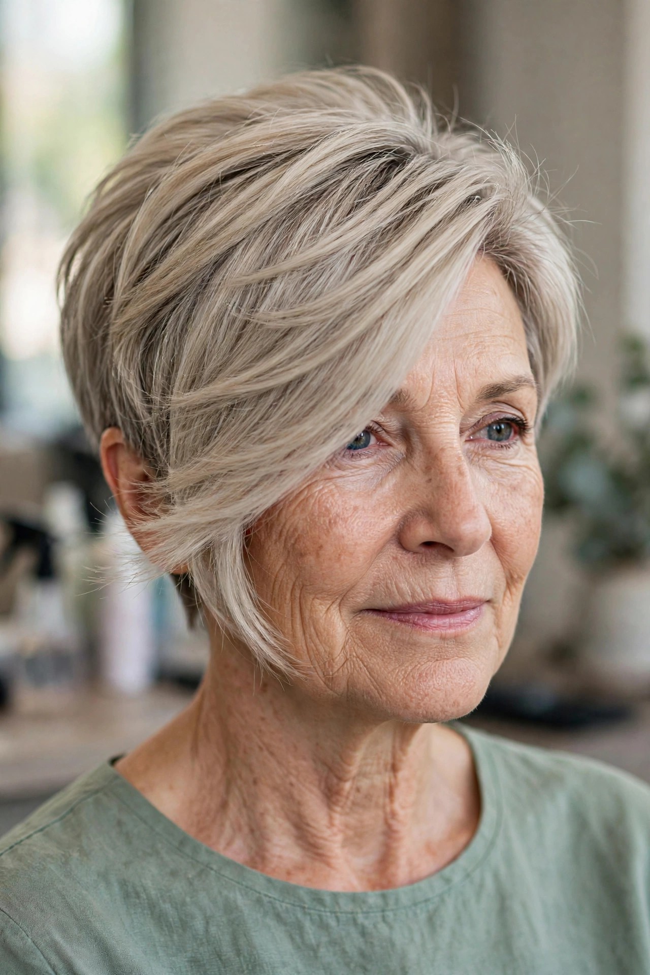 Feathered Asymmetrical Pixie - asymmetrical haircut on a woman over 50