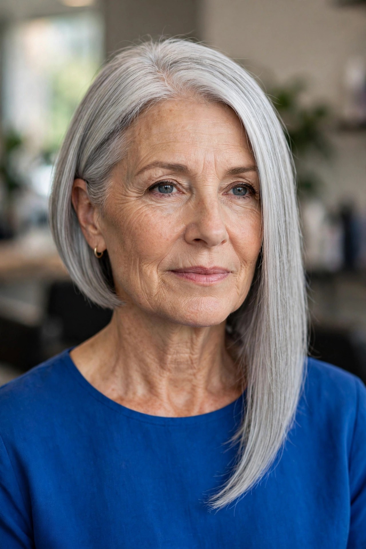 Silver-Gray Sleek Asymmetrical Bob - asymmetrical haircut on a woman over 50