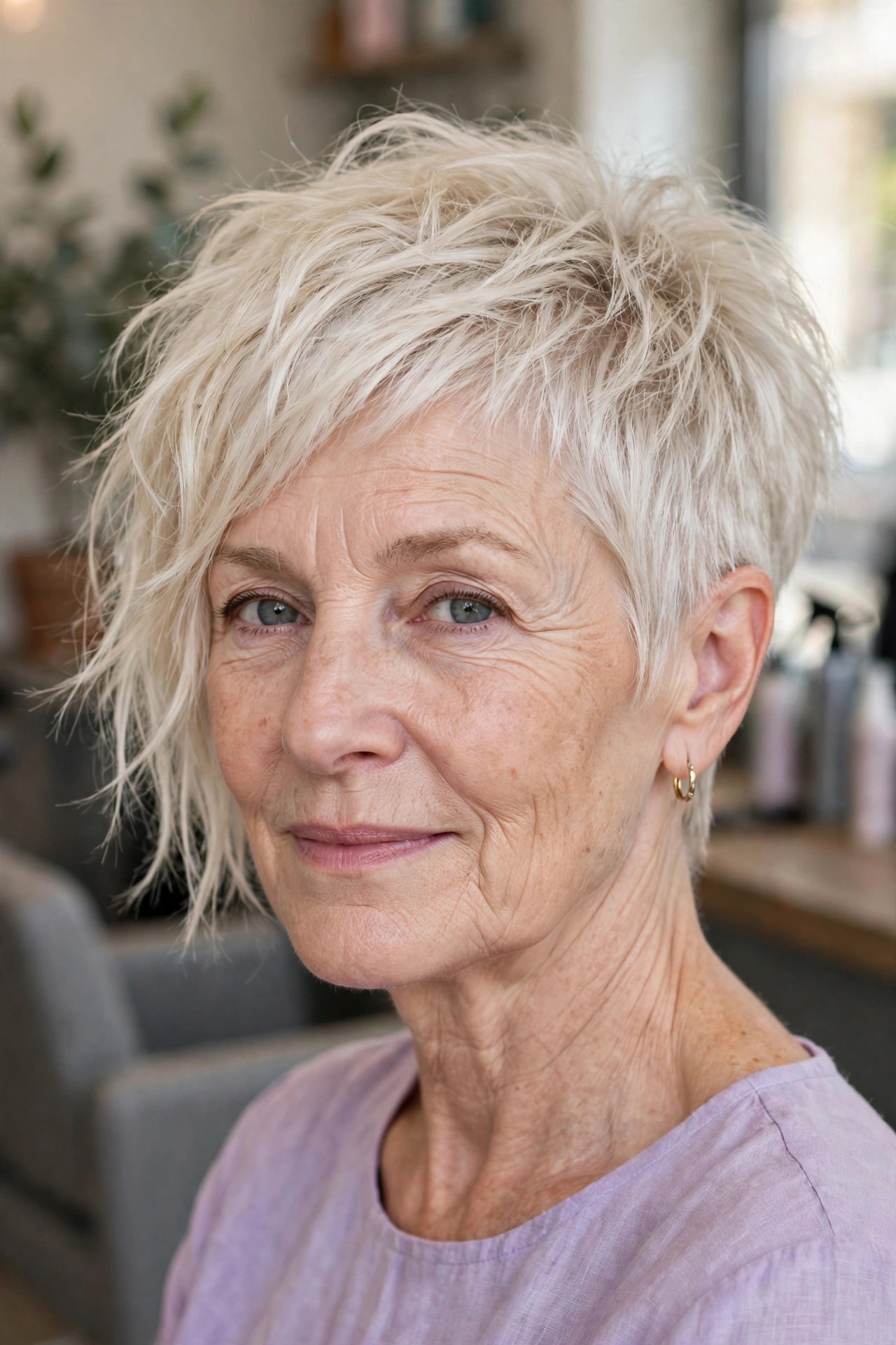 Tousled Asymmetrical Pixie Bob - asymmetrical haircut on a woman over 50