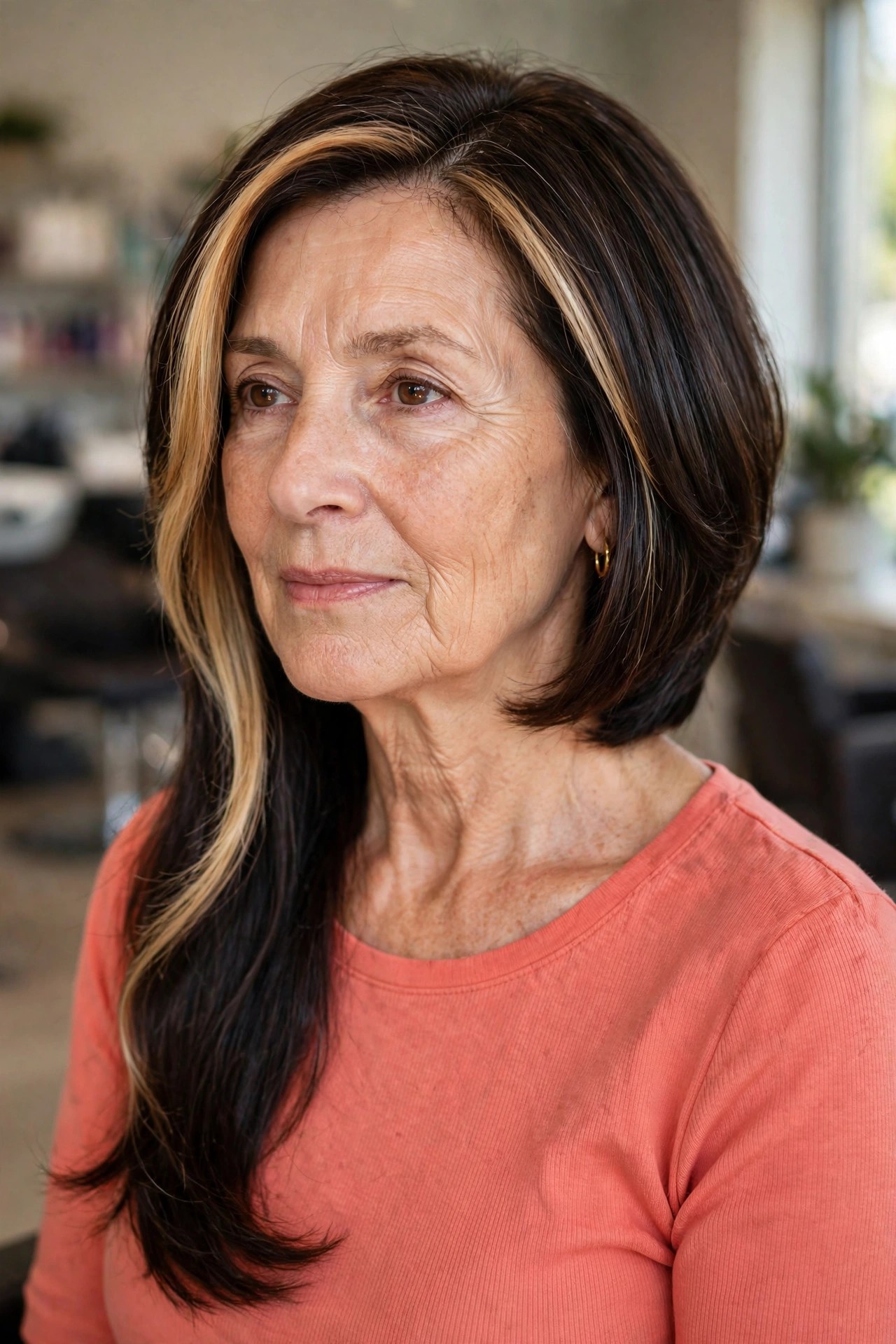 Long Asymmetrical Layers With a Money Piece - asymmetrical haircut on a woman over 50