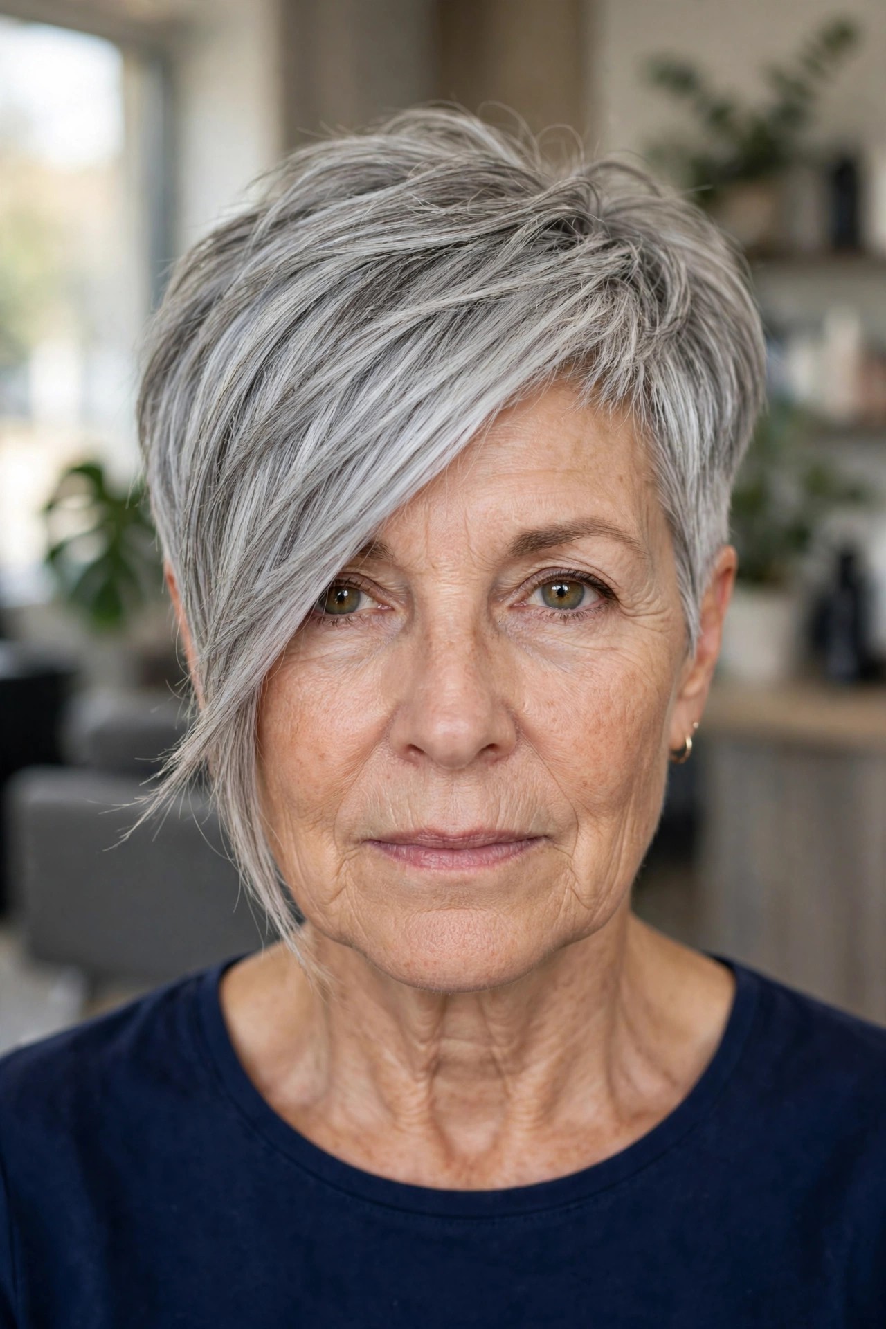 Silver Pixie With a Diagonal Fringe - asymmetrical haircut on a woman over 50