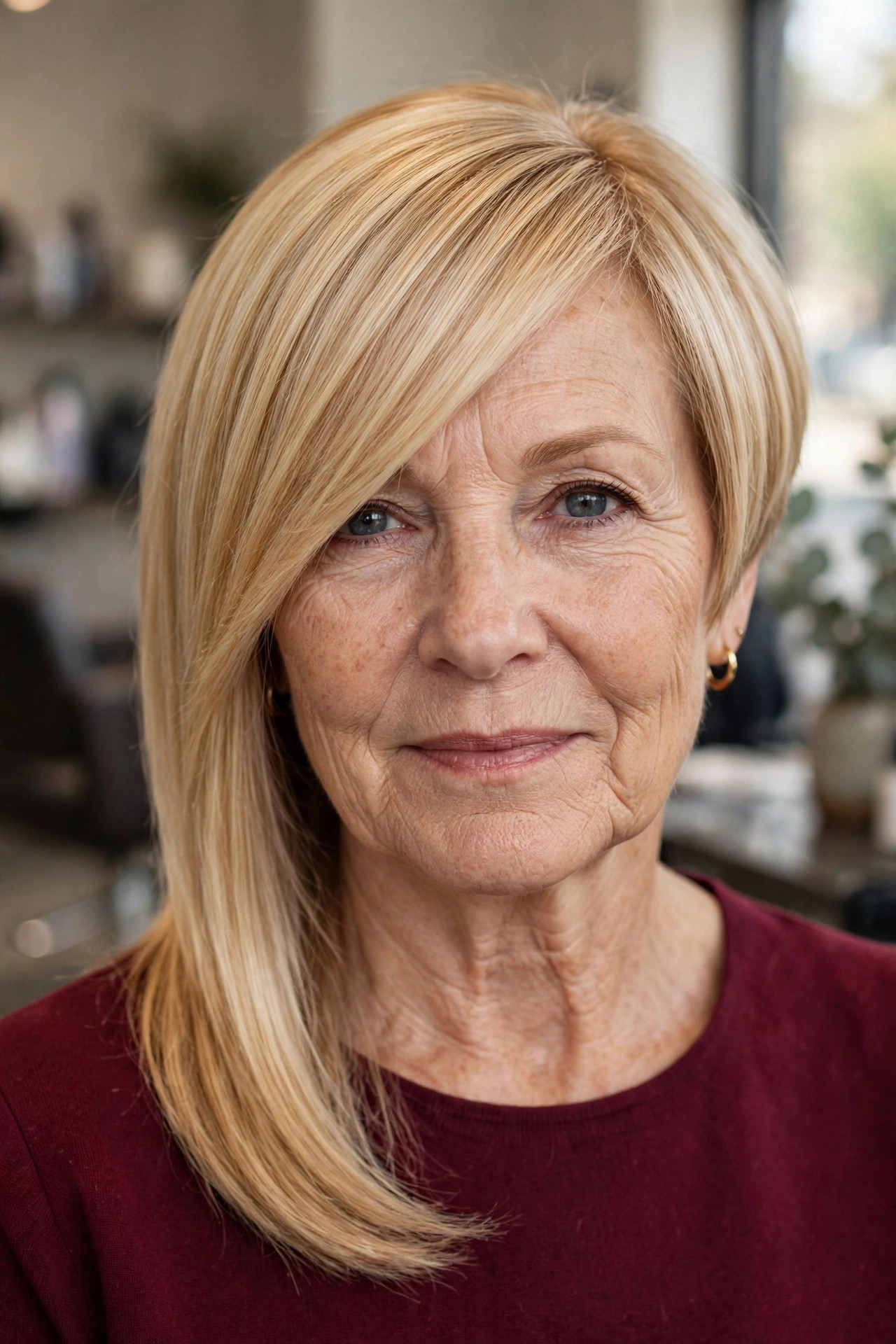 Angled Bob With a Long Diagonal Side Fringe - asymmetrical haircut on a woman over 50