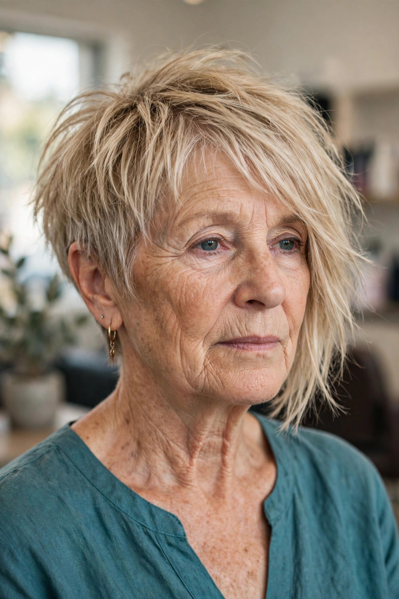 Choppy Asymmetrical Pixie Bob - asymmetrical haircut on a woman over 50