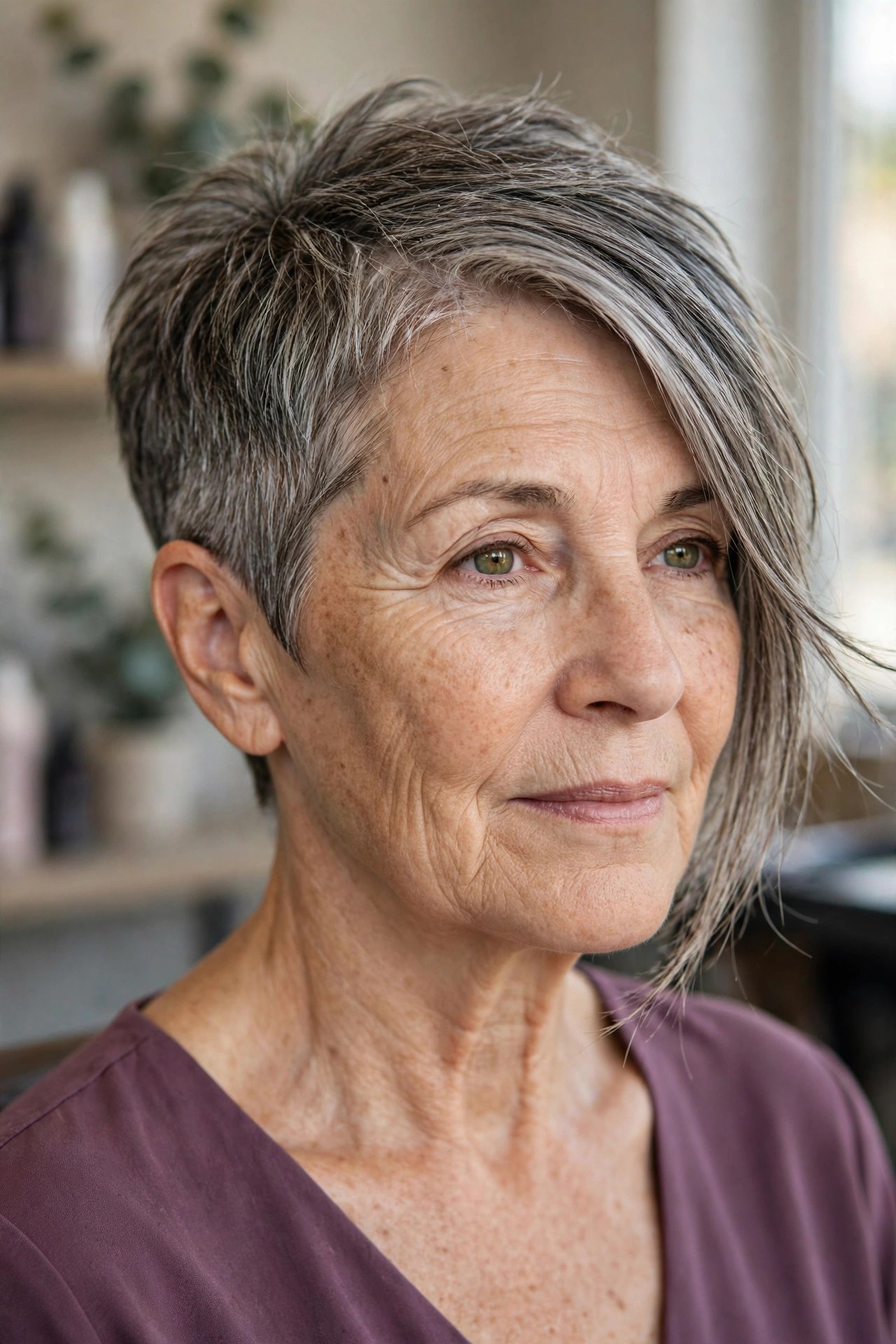 Long-Top Uneven Pixie - asymmetrical haircut on a woman over 50