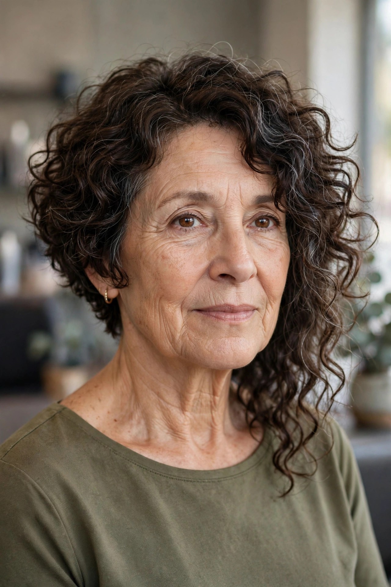 Asymmetrical Curly Bob - asymmetrical haircut on a woman over 50