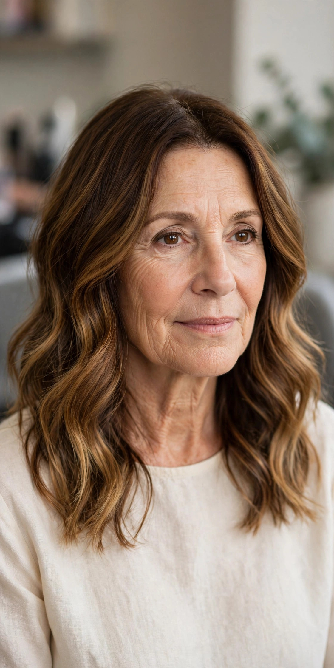 Caramel on chestnut brown, woman over 50 with balayage hair color