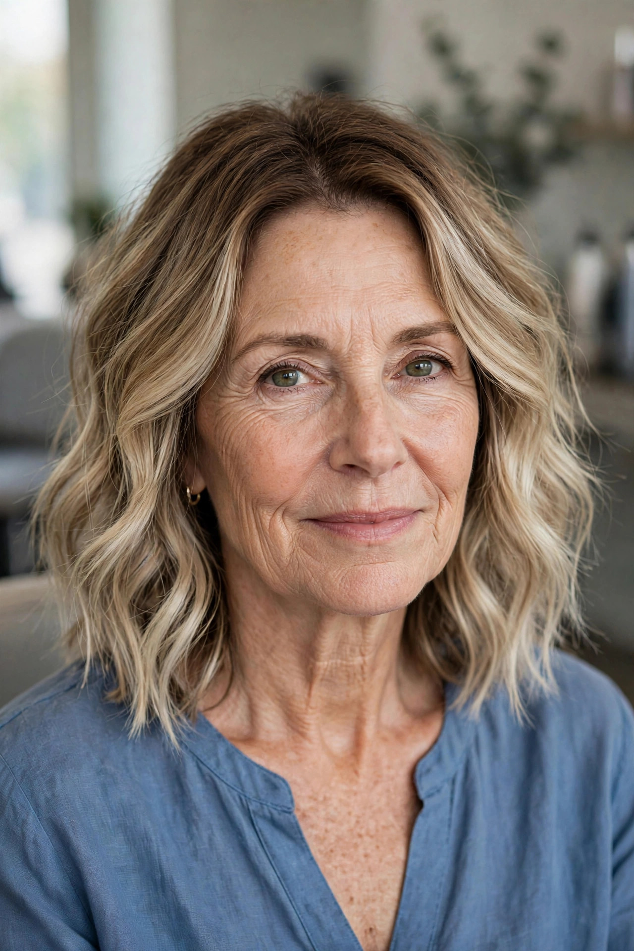 Beige blonde balayage on a wavy lob, woman over 50