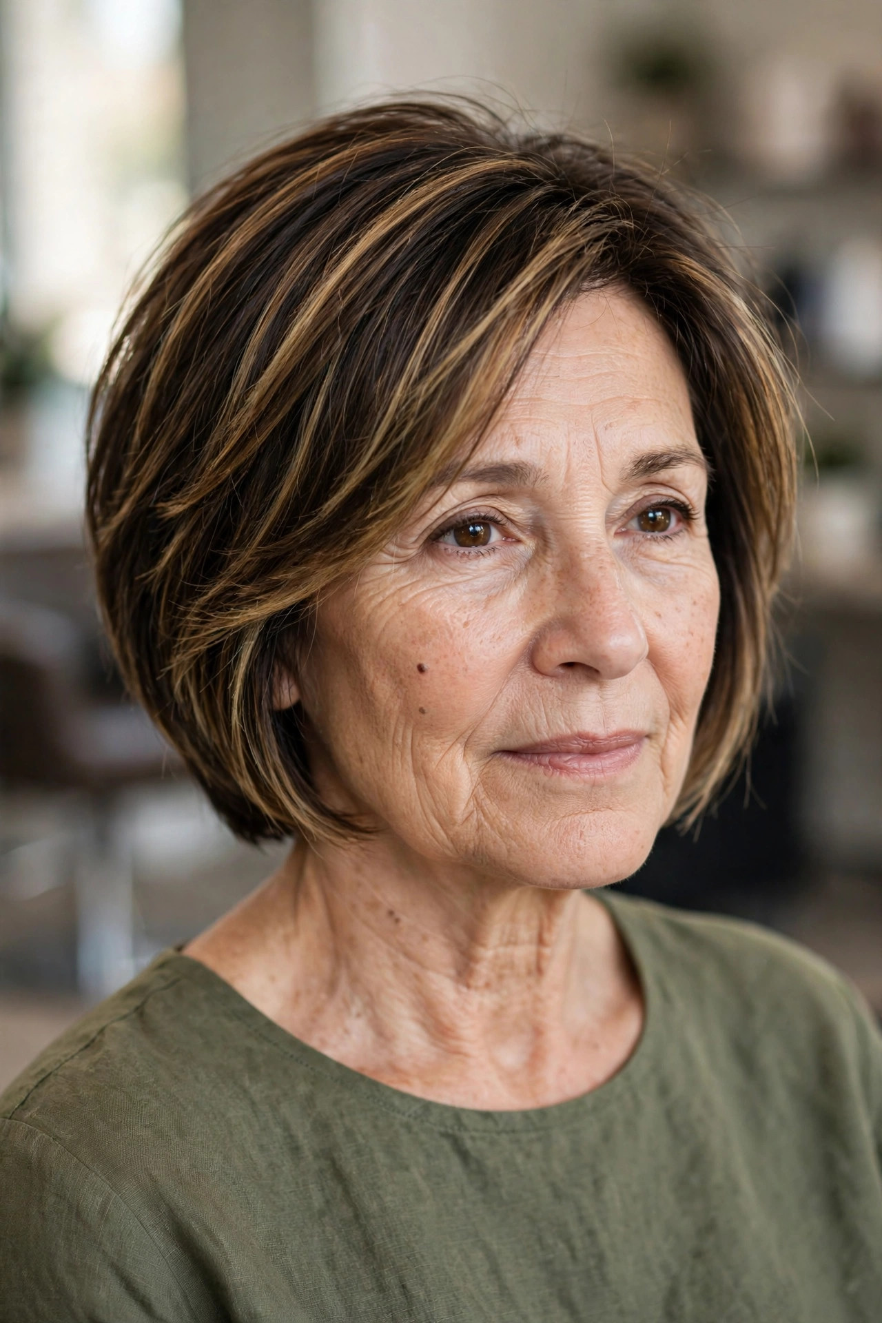 Balayage on a short layered bob, woman over 50