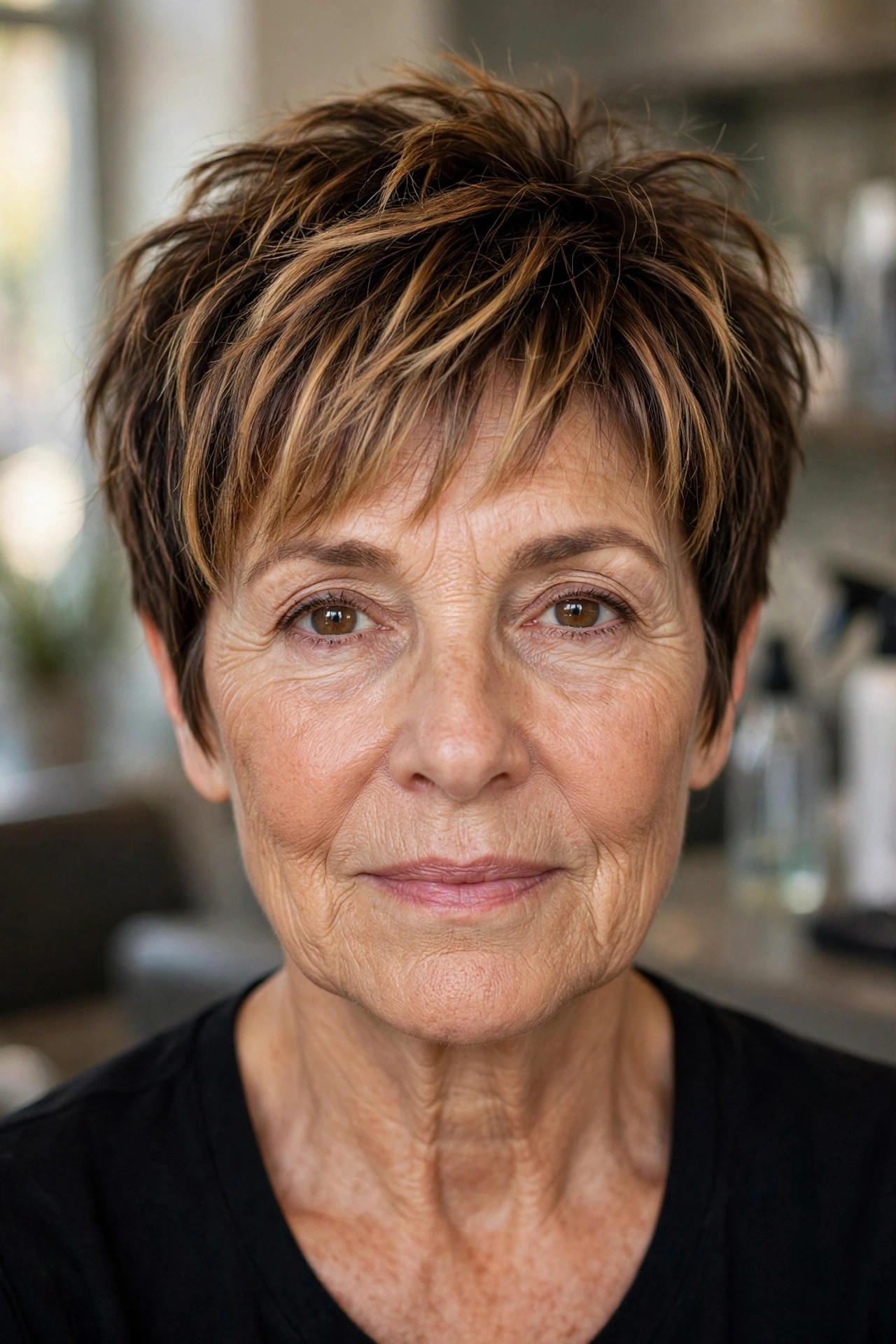 Pixie balayage with painted tips, woman over 50