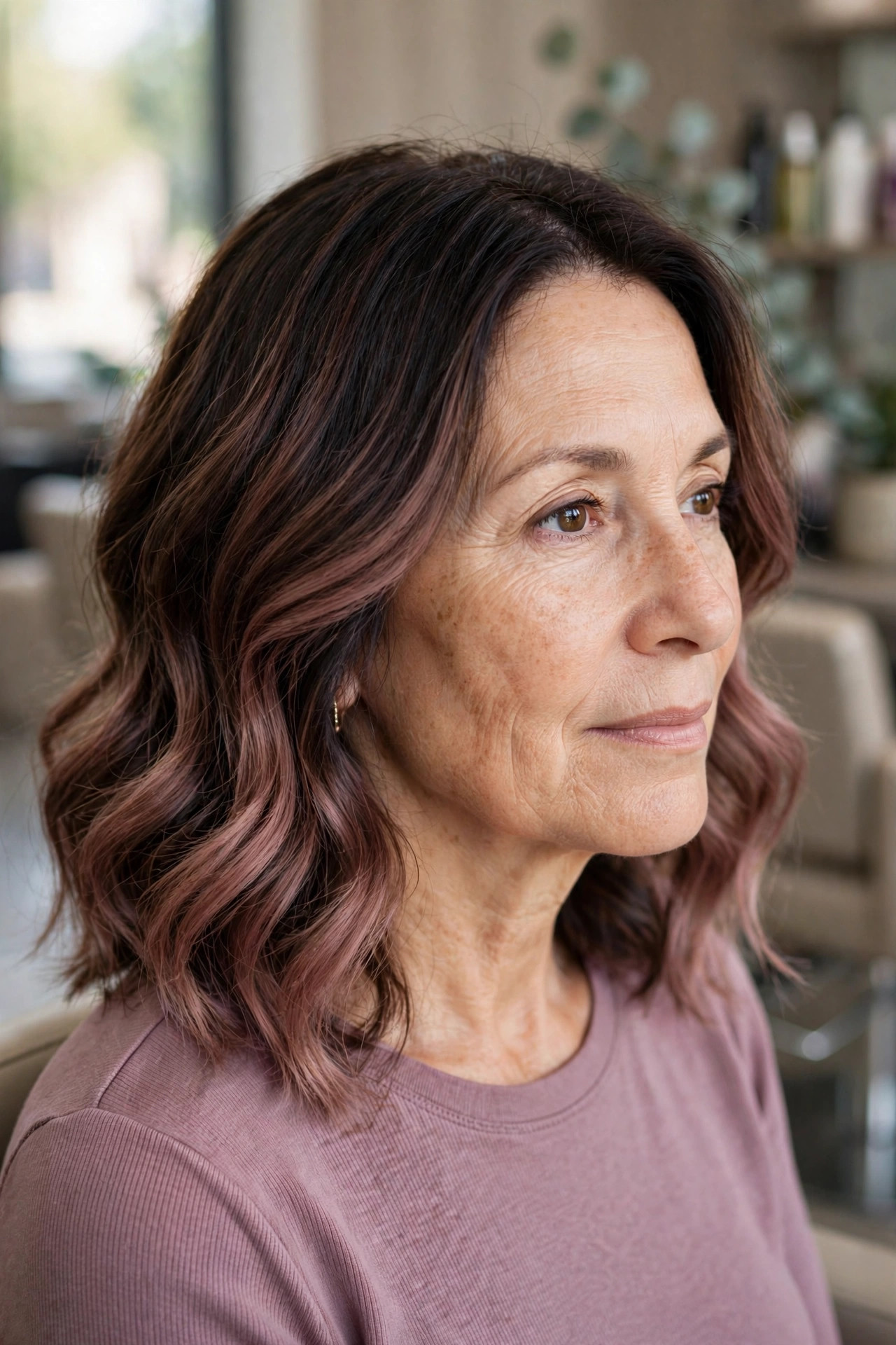 Rosewood balayage hair color, woman over 50