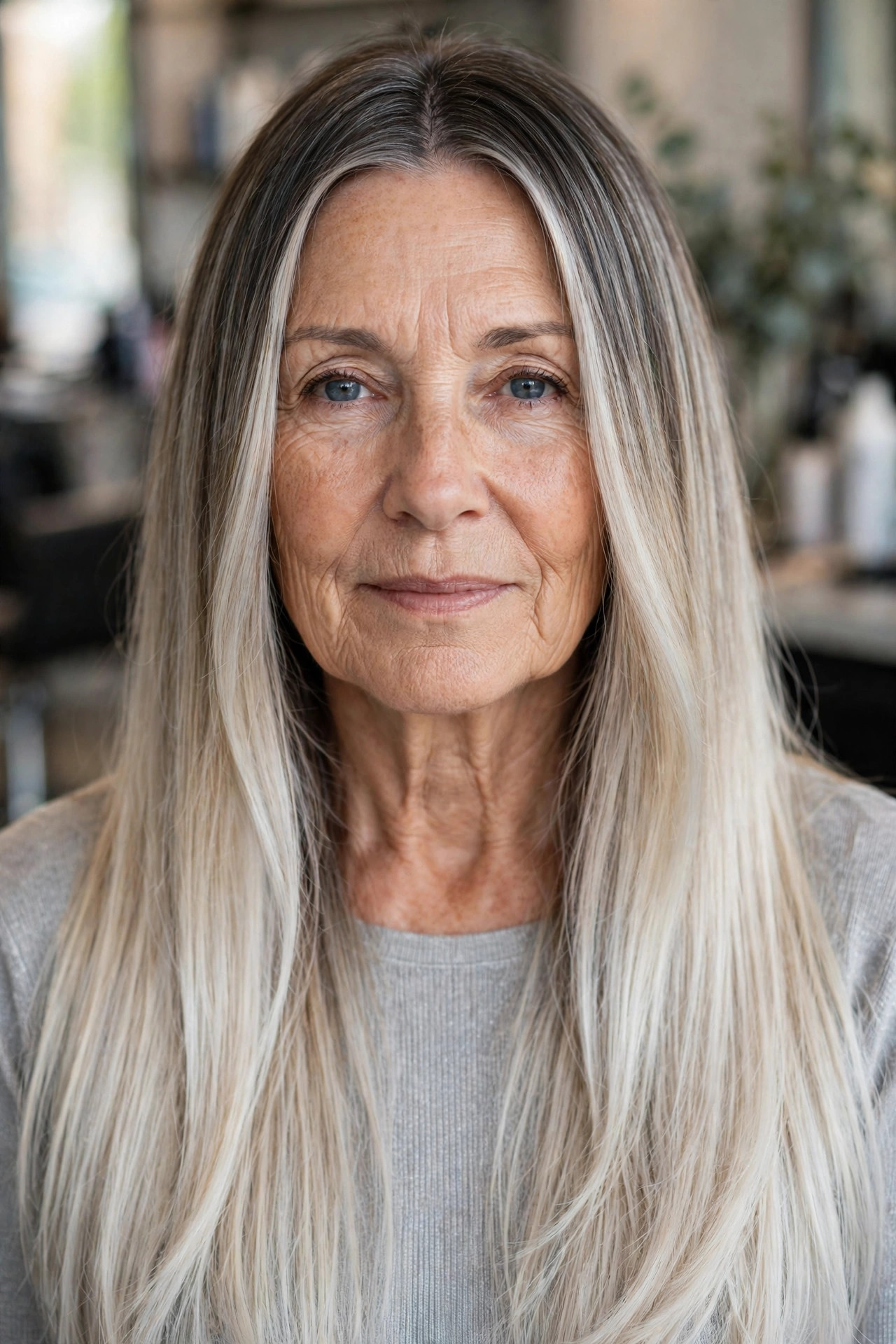 Icy platinum balayage on ash brown hair, woman over 50