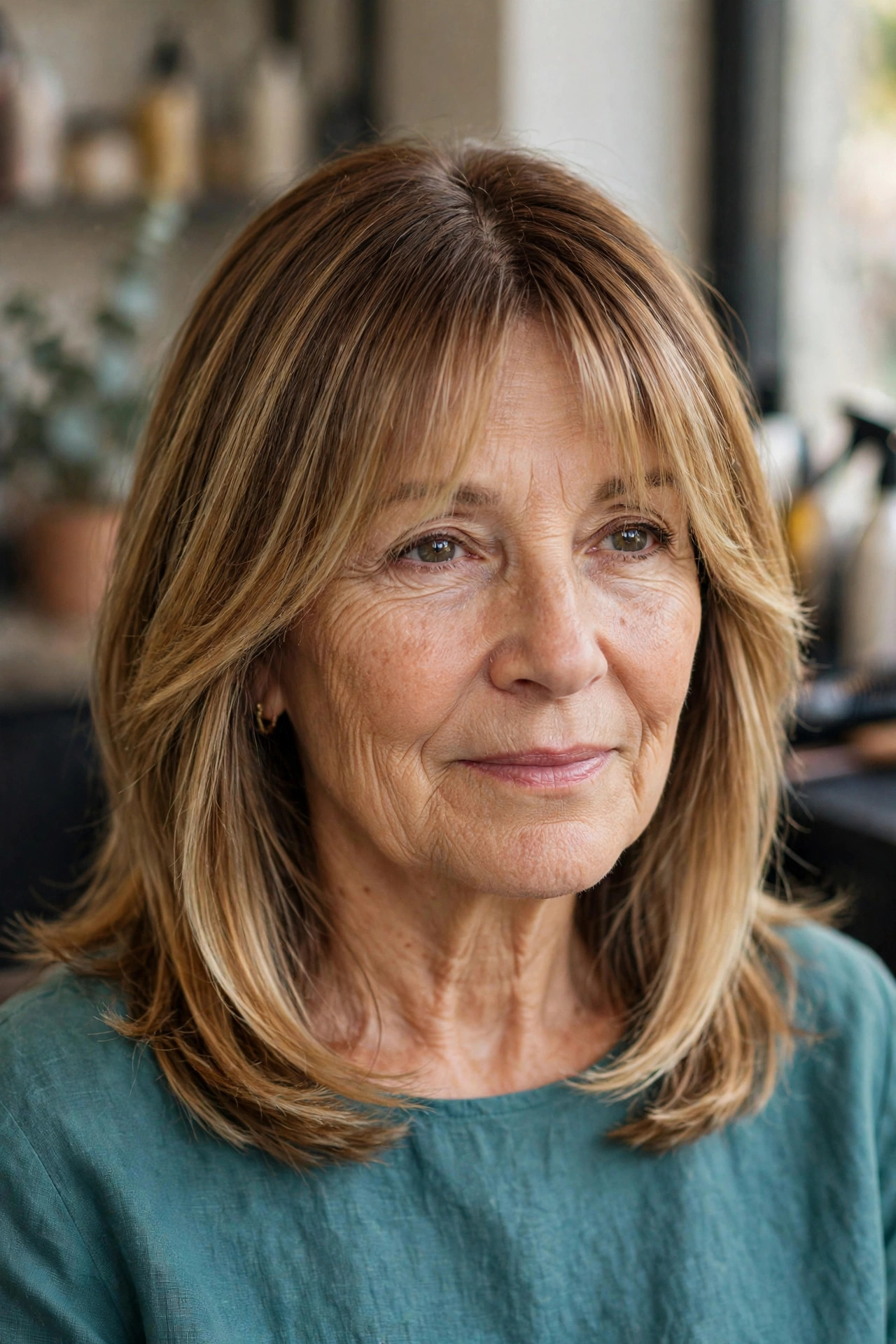 Balayage with curtain bangs, woman over 50