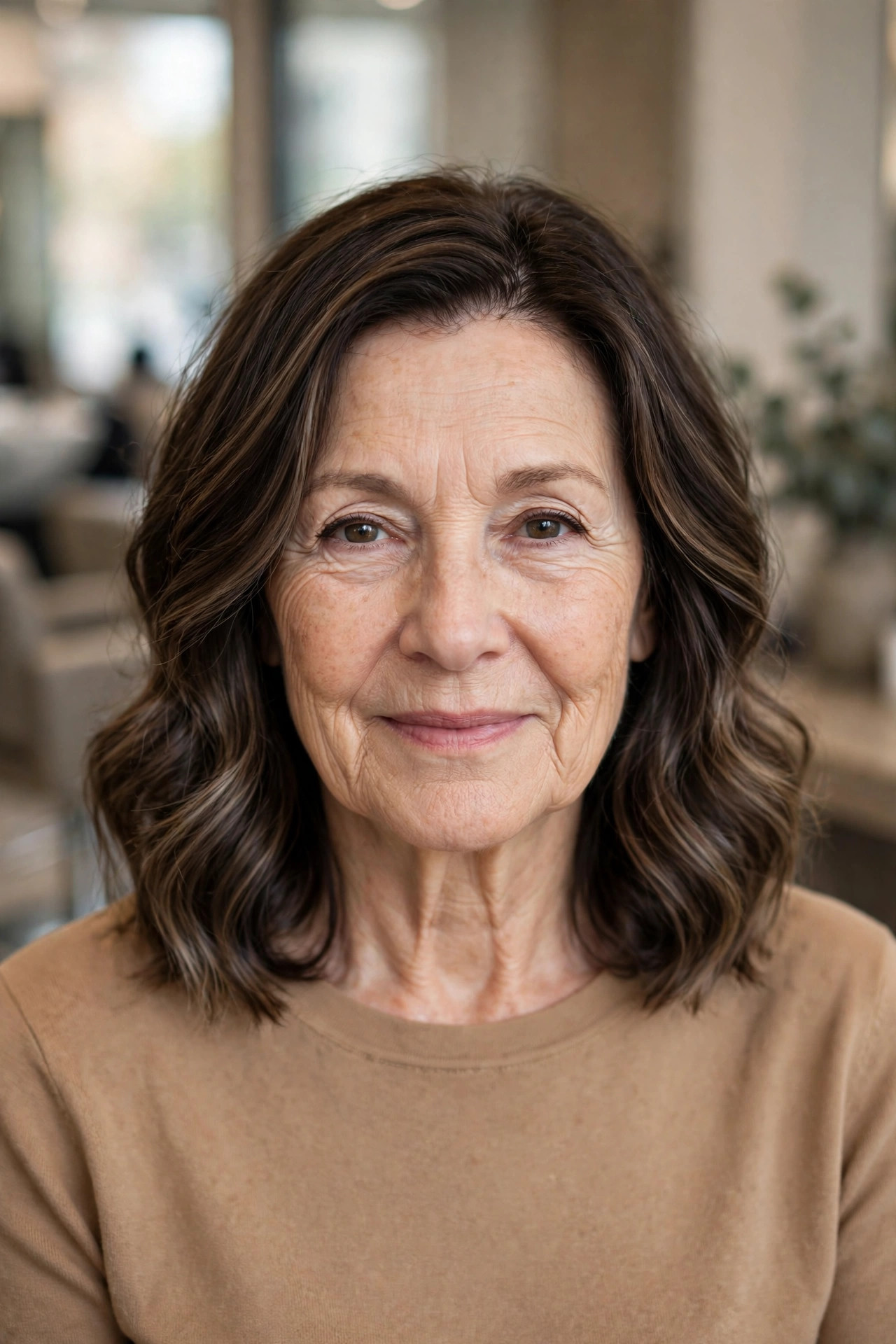 Subtle low contrast balayage on dark brown hair, woman over 50