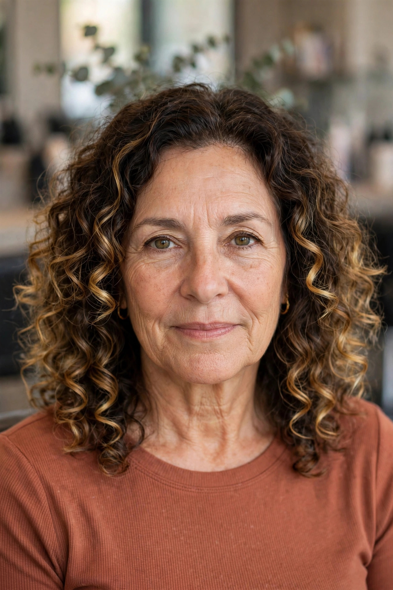 Balayage on natural curly hair, woman over 50