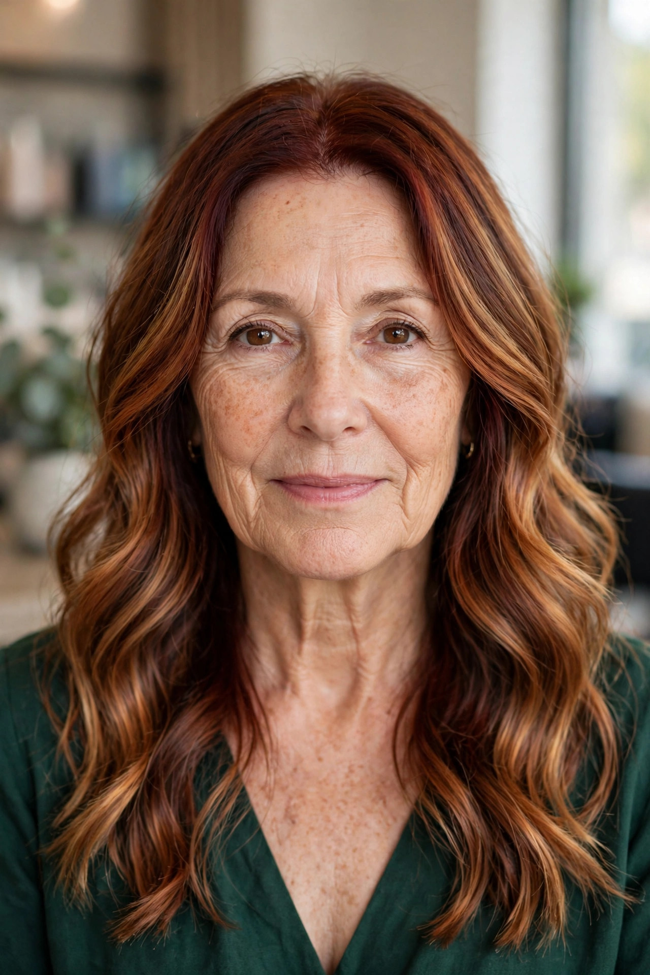 Cinnamon balayage on long wavy hair, woman over 50
