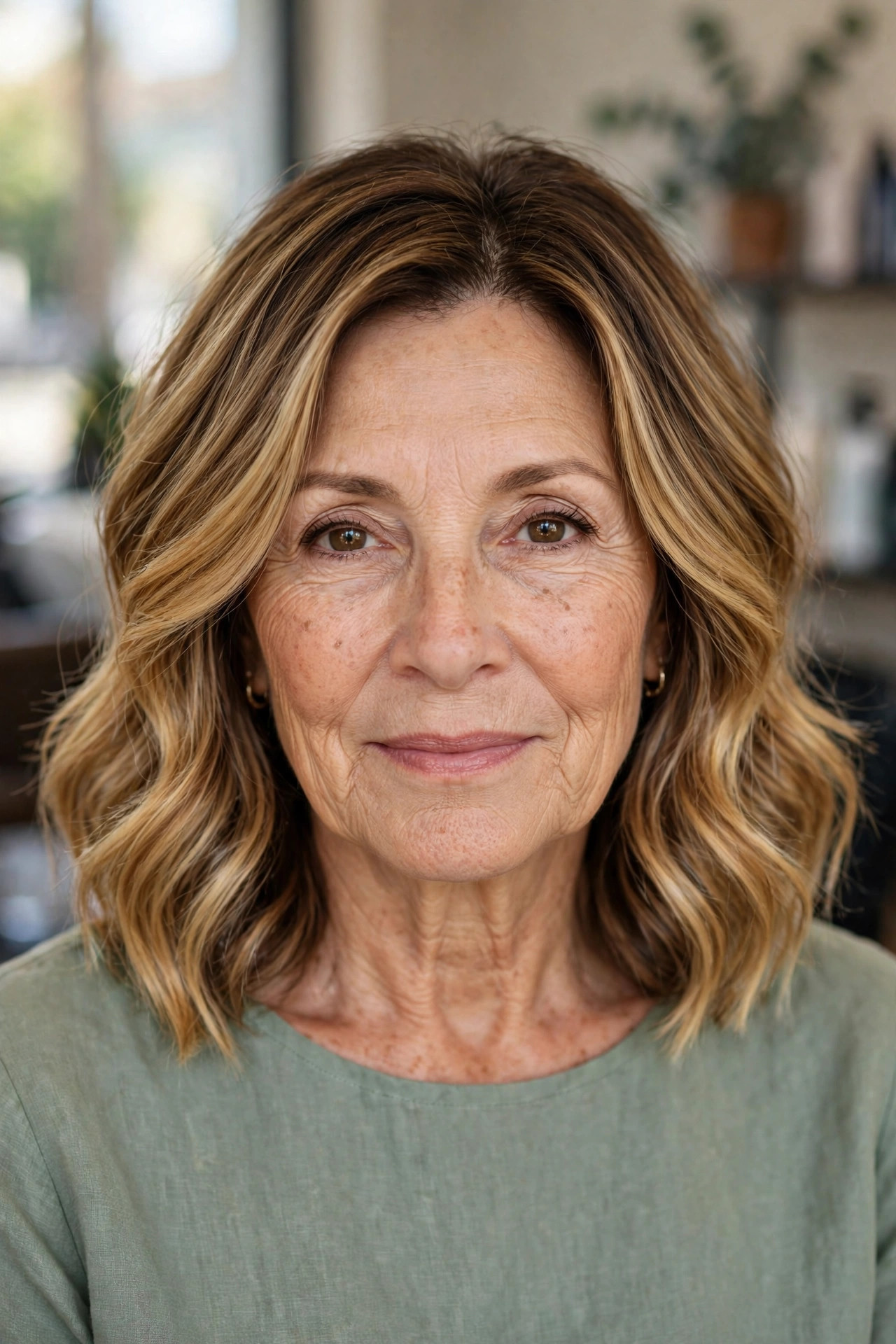 Honey blonde balayage on a layered lob, woman over 50