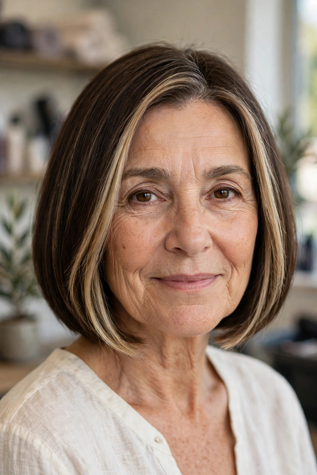 Mini balayage face frame on a dark bob, woman over 50