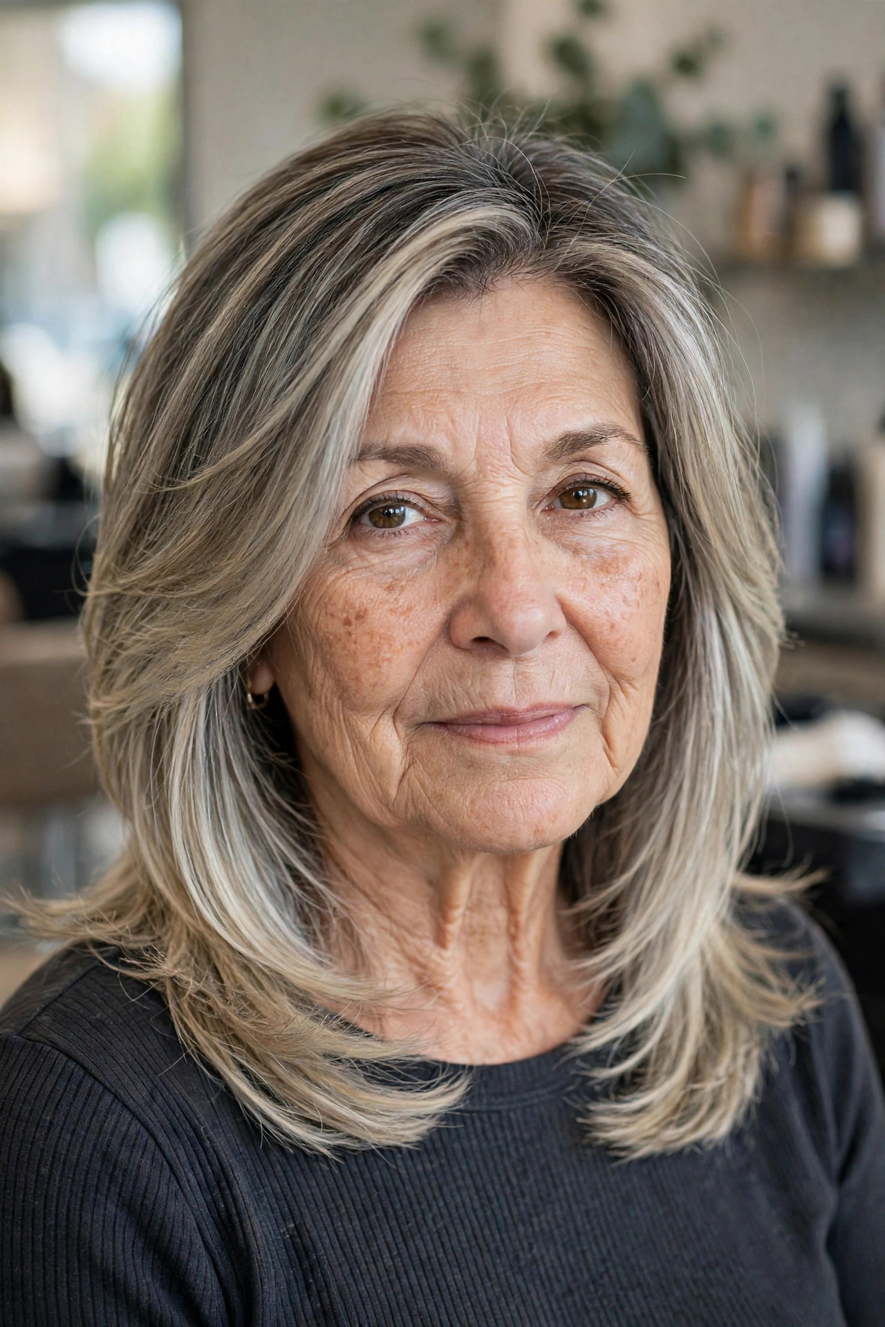 Ash blonde balayage for gray blending, woman over 50