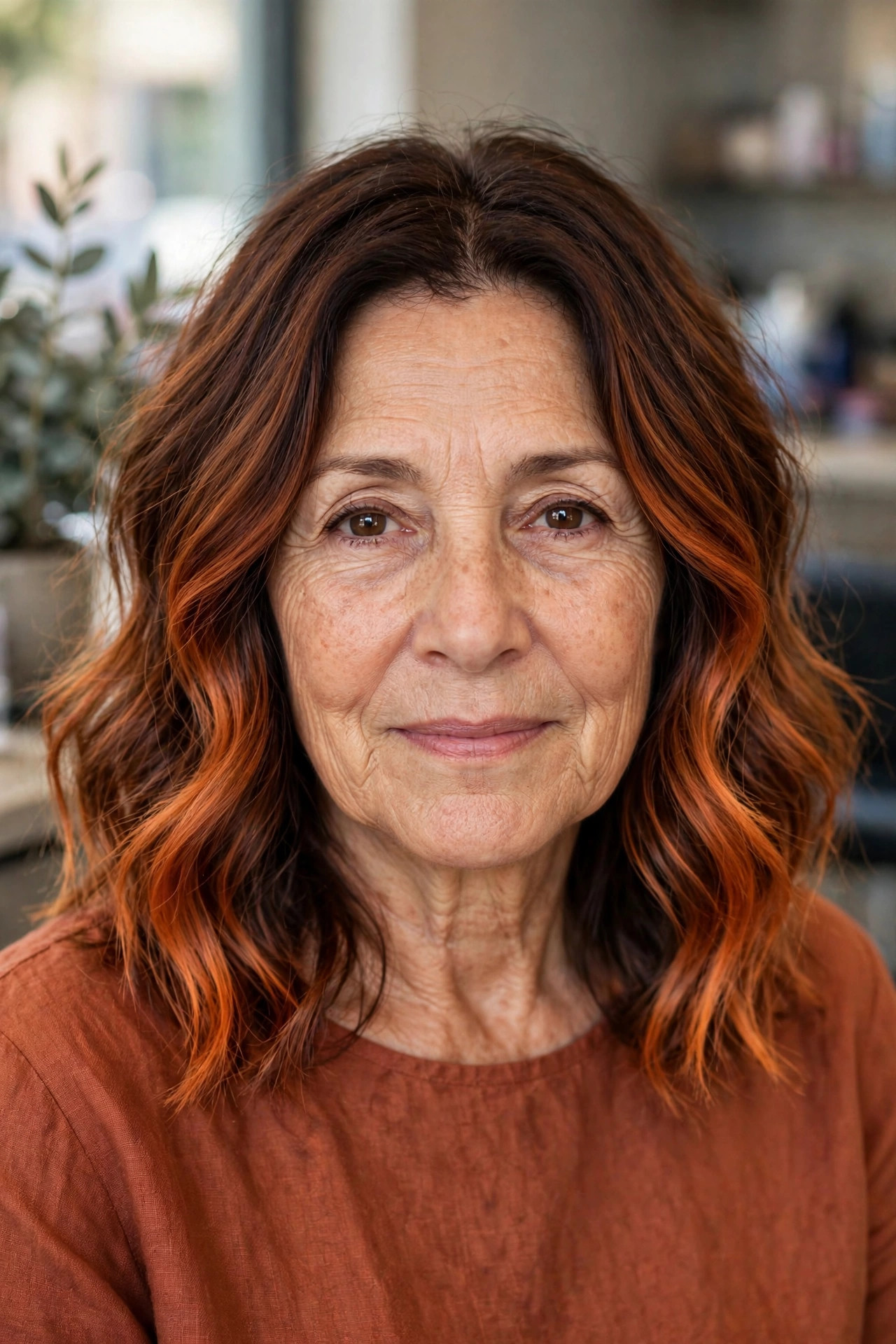 Copper balayage on auburn brown hair, woman over 50