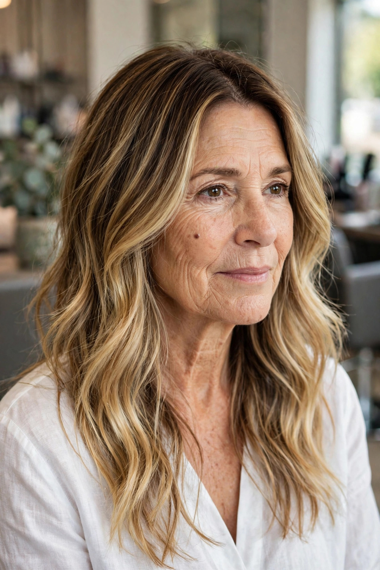 Golden balayage on long layered hair, woman over 50