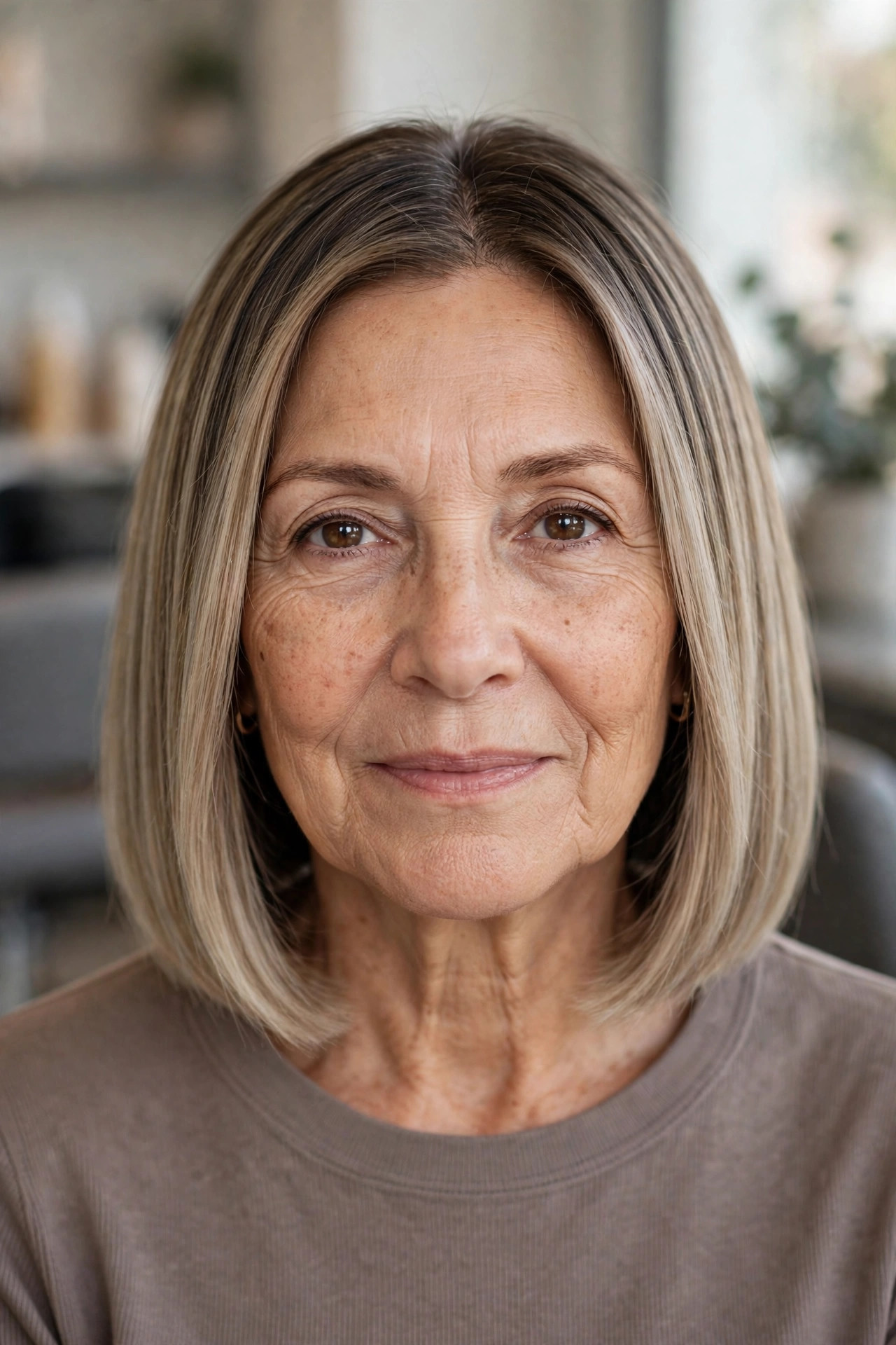 Mushroom bronde balayage on a bob, woman over 50