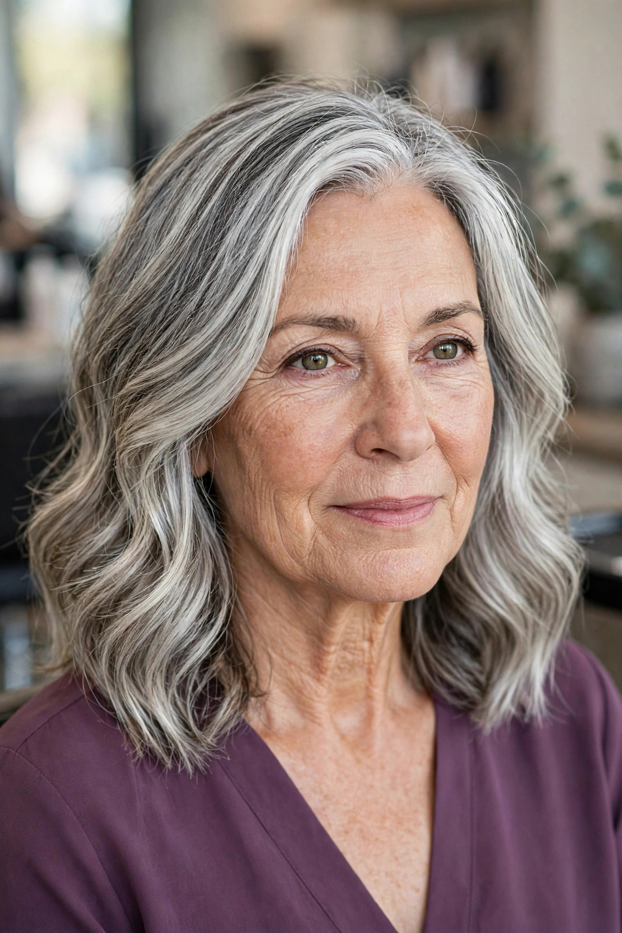 Silver balayage on salt and pepper hair, woman over 50