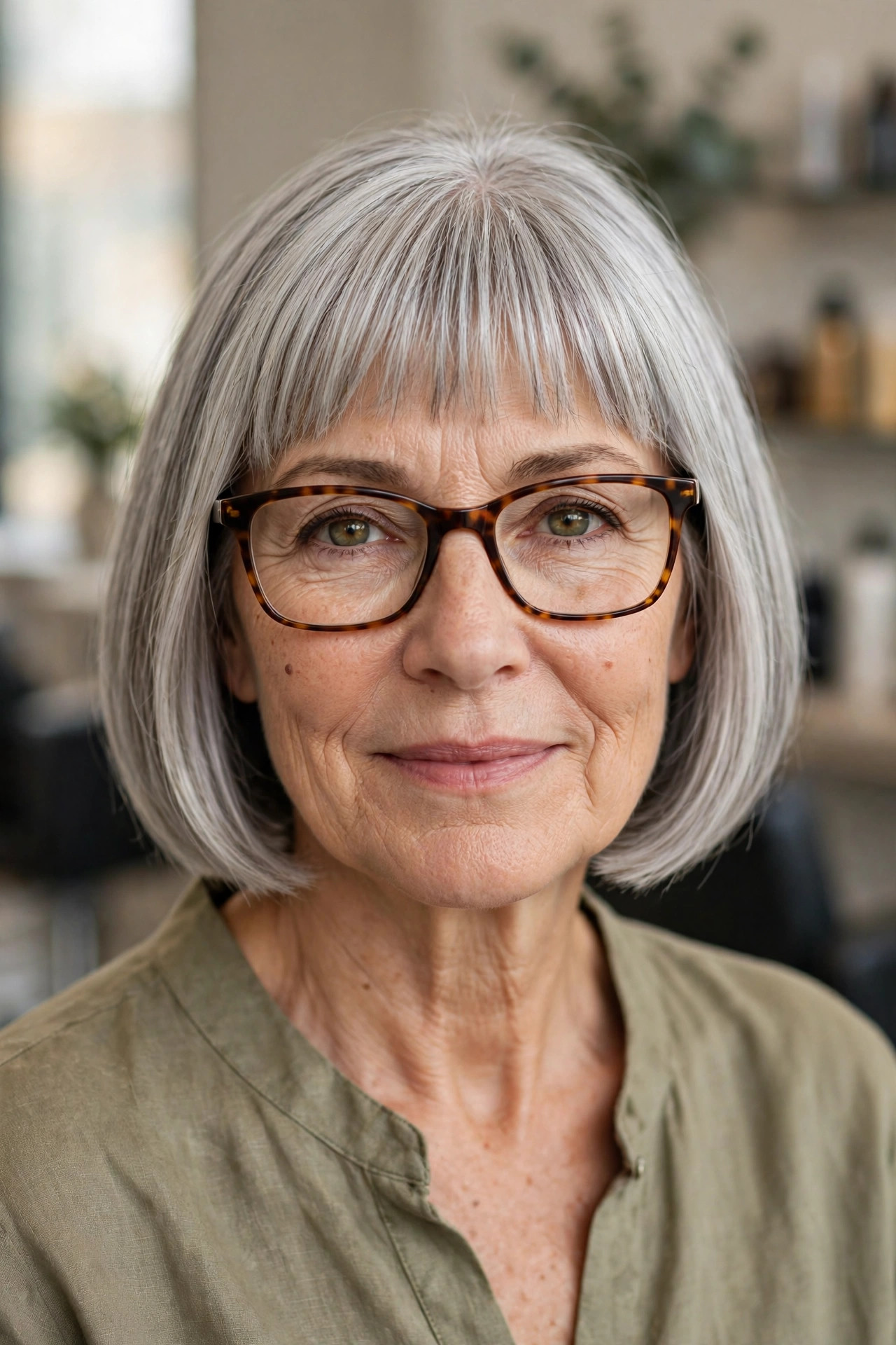Brow-skimming fringe with tortoiseshell glasses on a woman over 50