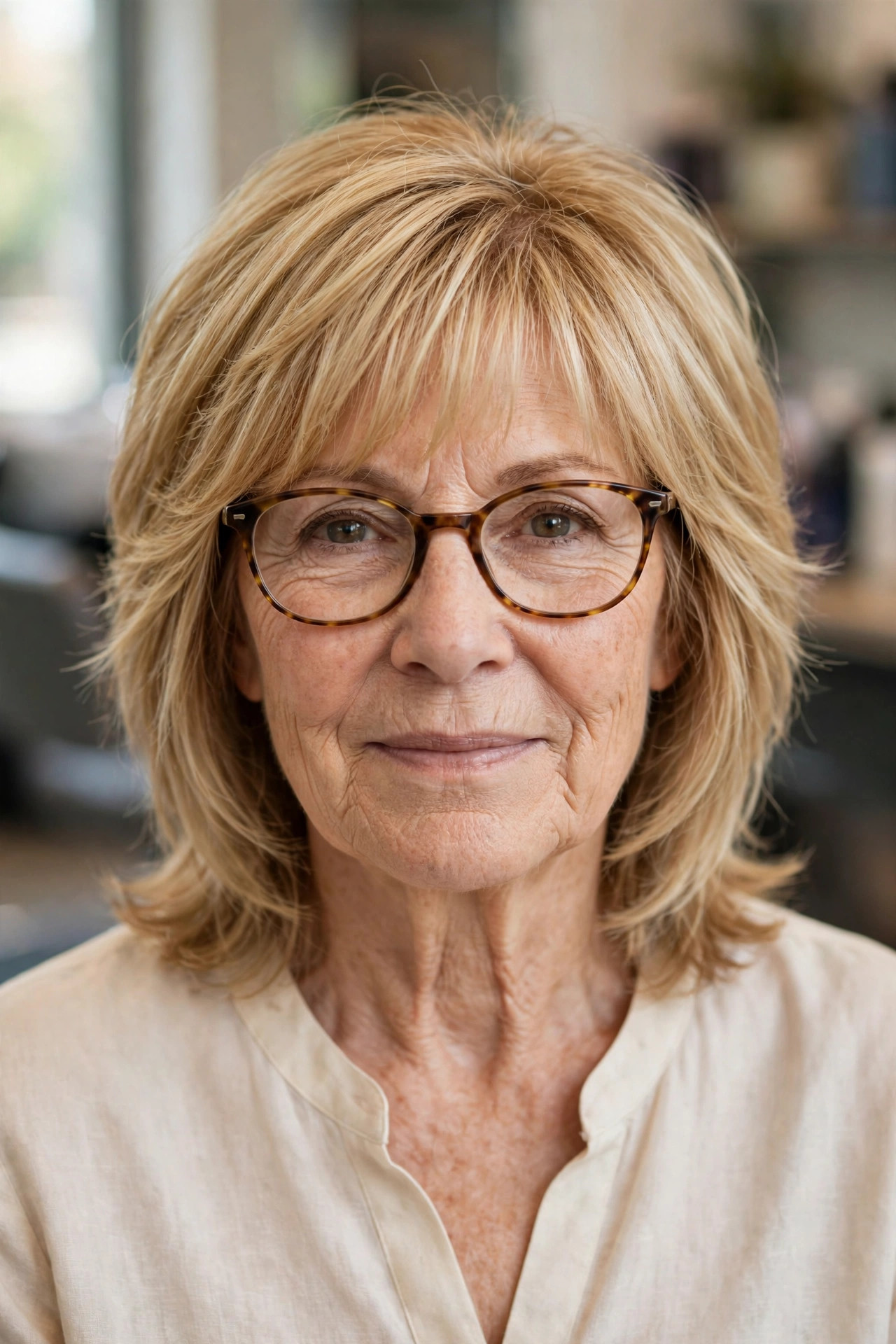Feathered bangs with oval tortoiseshell glasses on a woman over 50