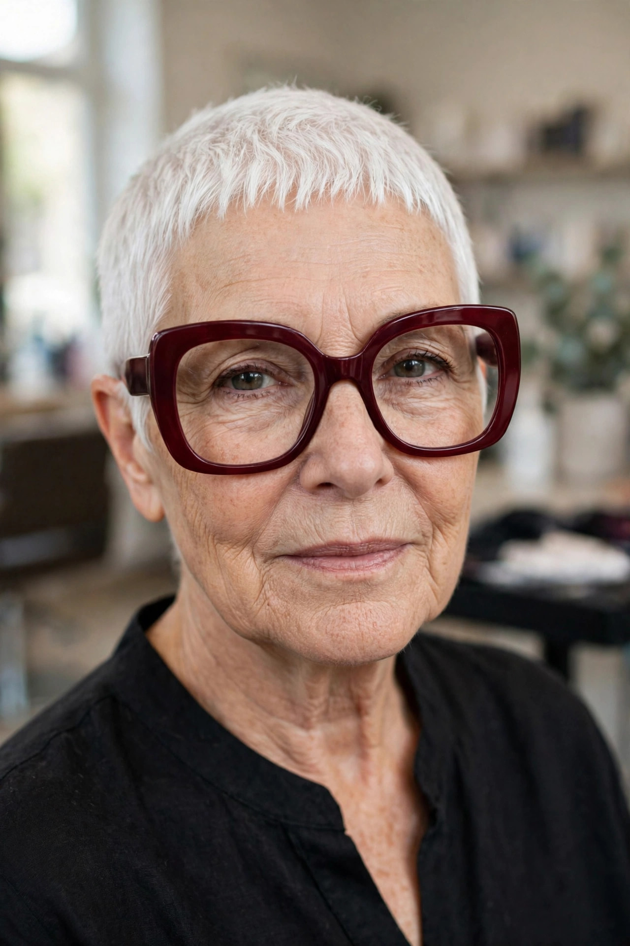 Micro fringe with oversized burgundy glasses on a woman over 50
