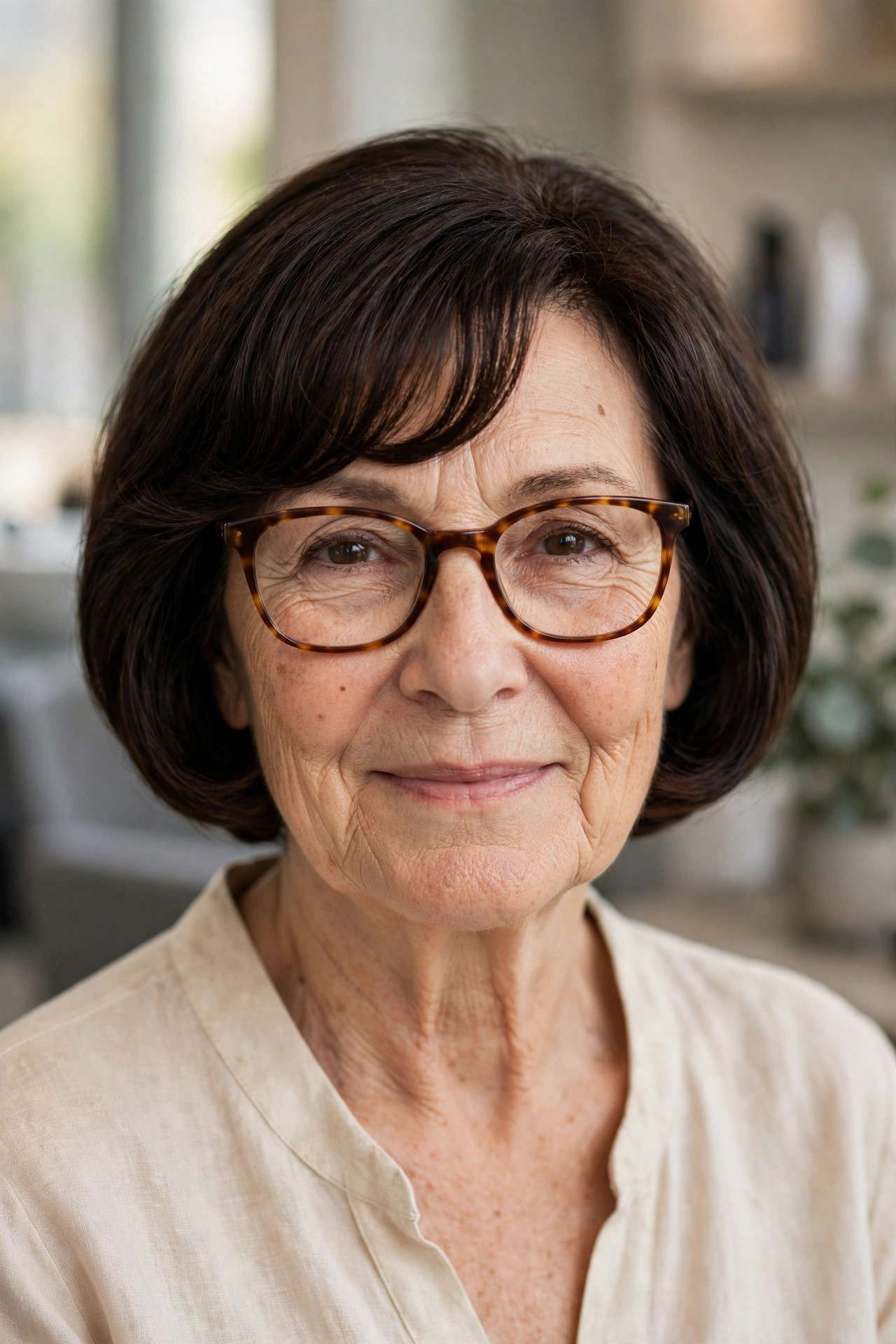 Soft curved bangs with tortoiseshell glasses on a woman over 50