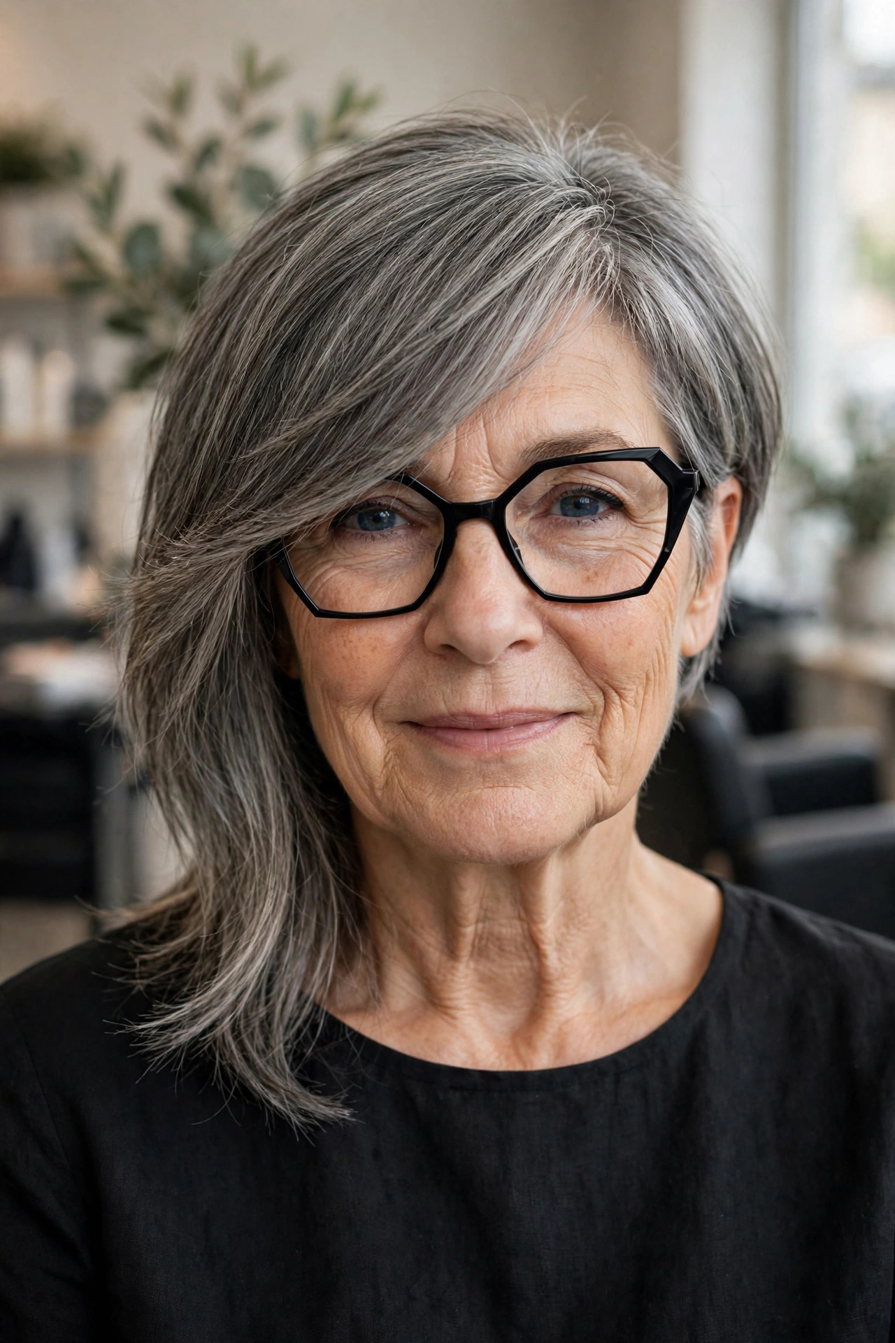 Asymmetric bangs with geometric glasses on a woman over 50