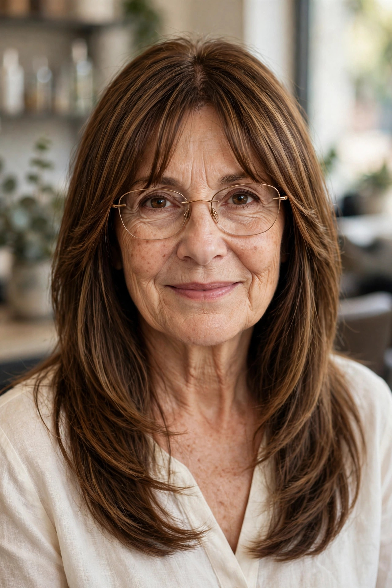 Long curtain bangs with thin gold glasses on a woman over 50