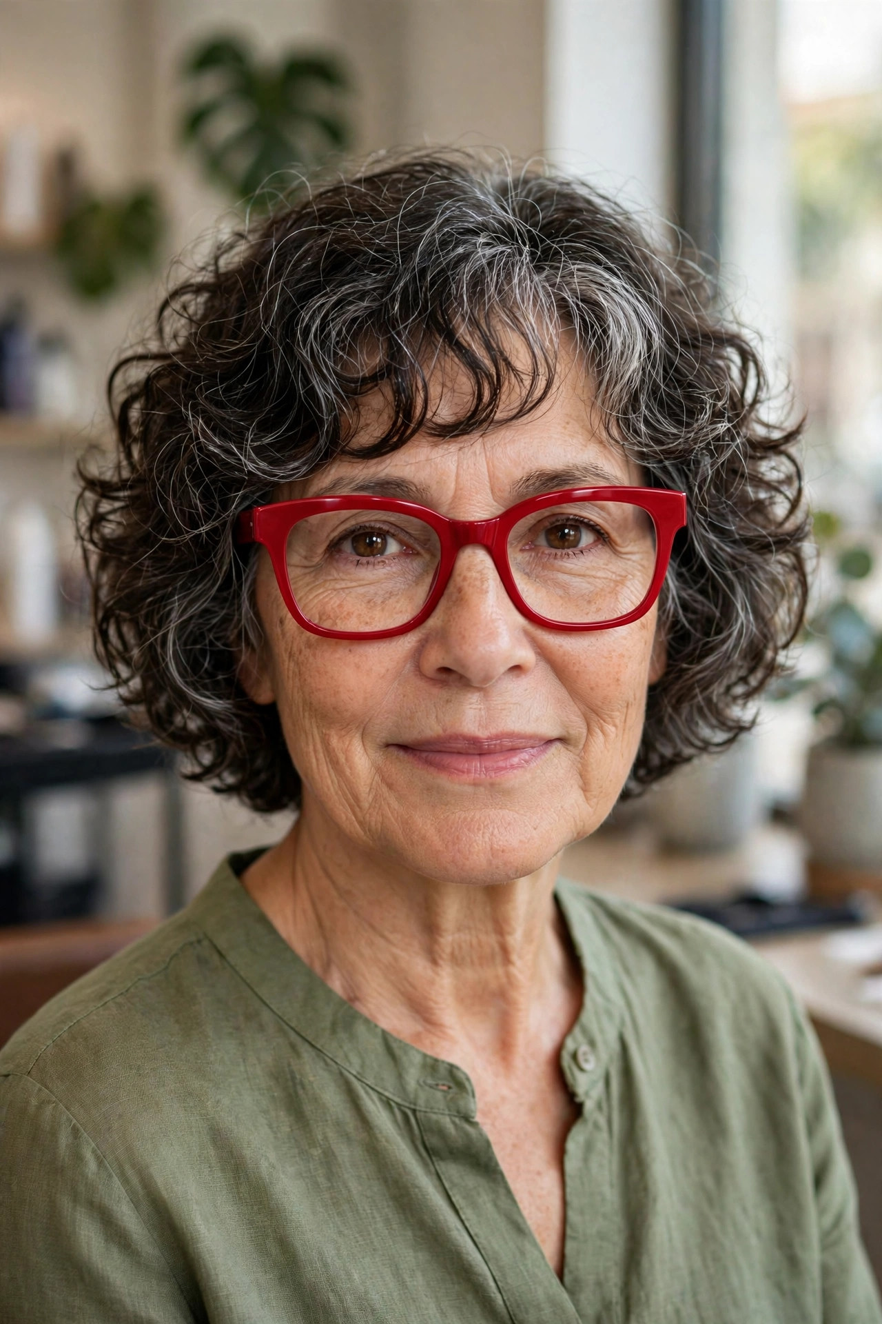 Curly bangs with bold red glasses on a woman over 50