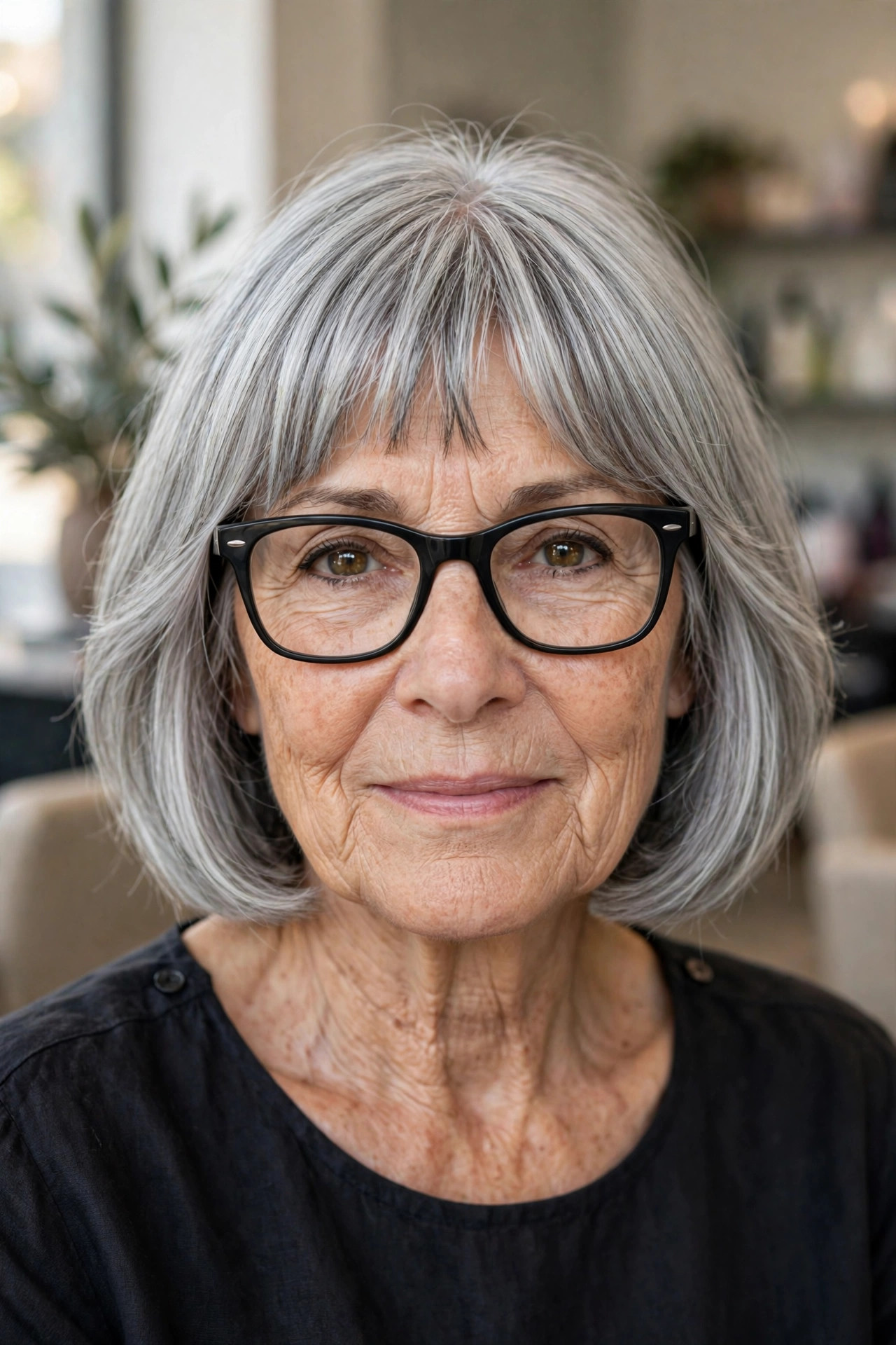 Bottleneck bangs with wayfarer glasses on a woman over 50