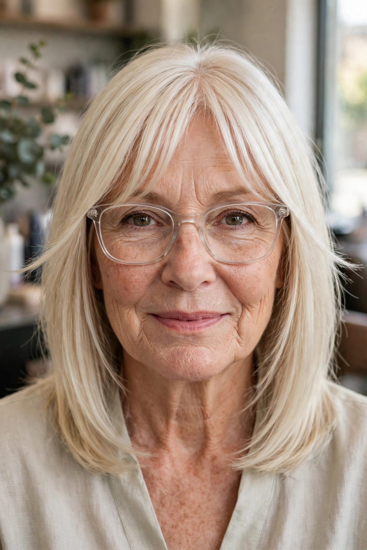 Grown-out curtain bangs with clear glasses on a woman over 50