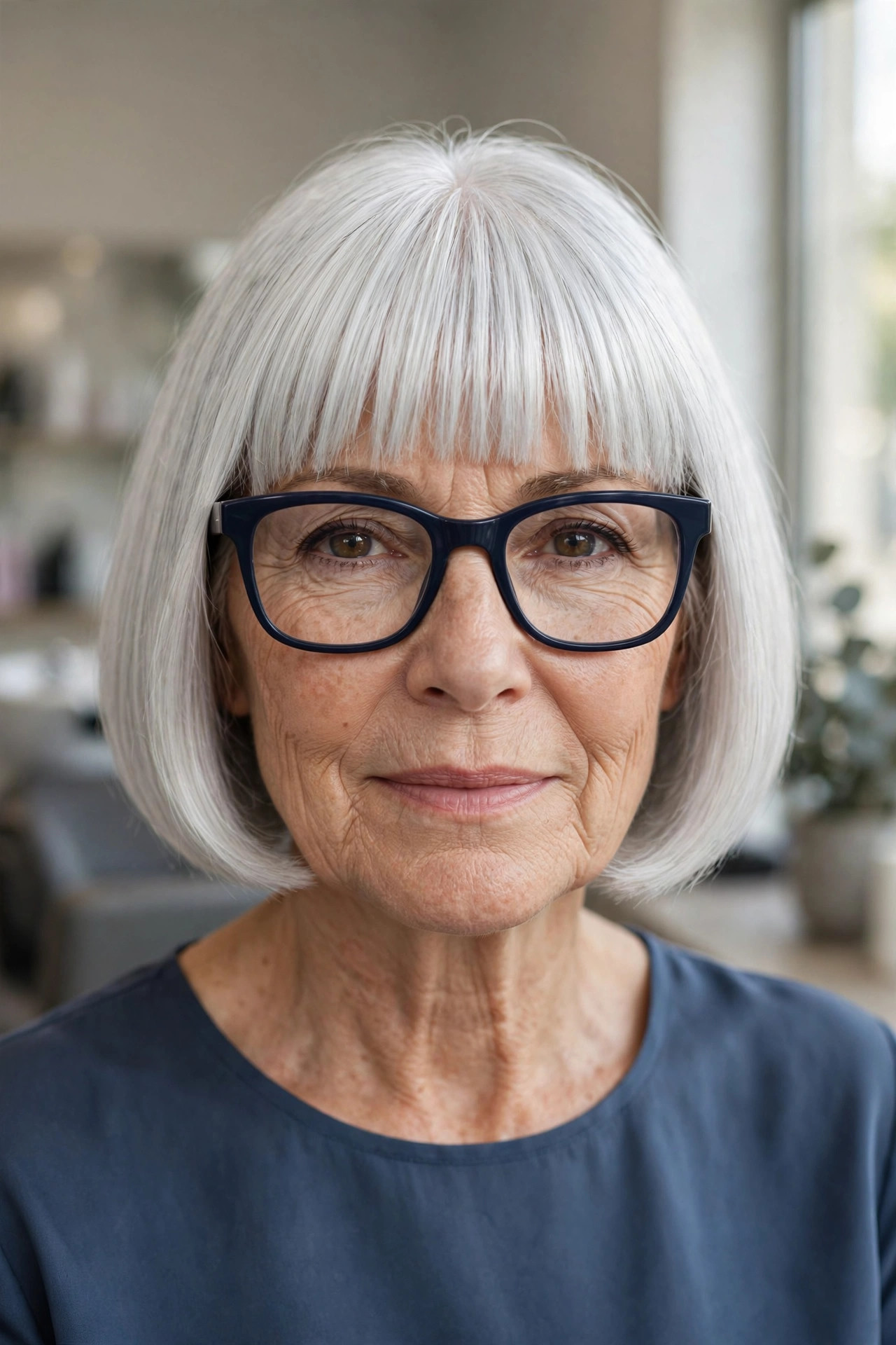 Silver blunt fringe with dark navy glasses on a woman over 50
