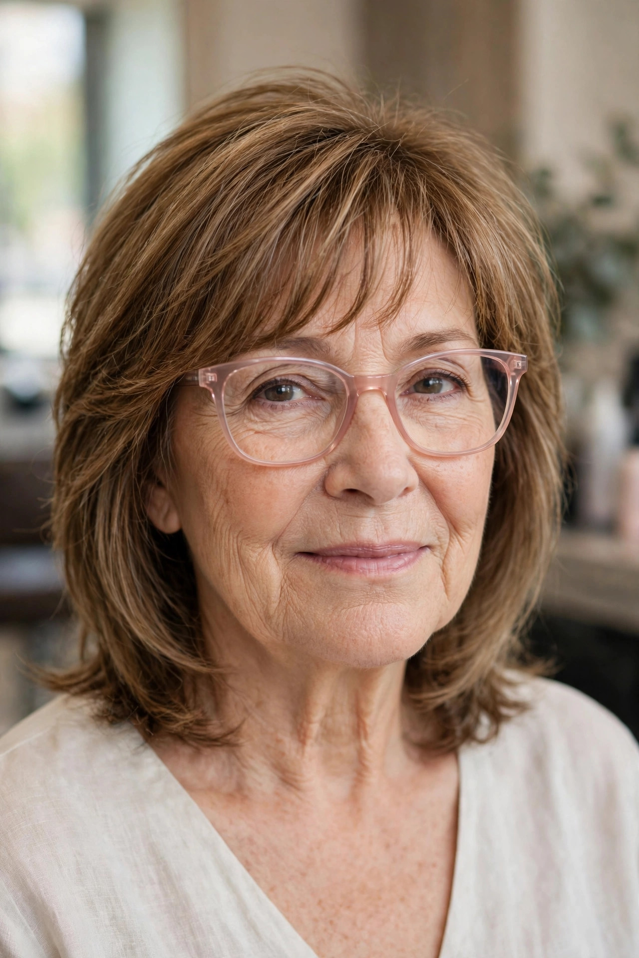 Airy layered bangs with translucent blush glasses on a woman over 50