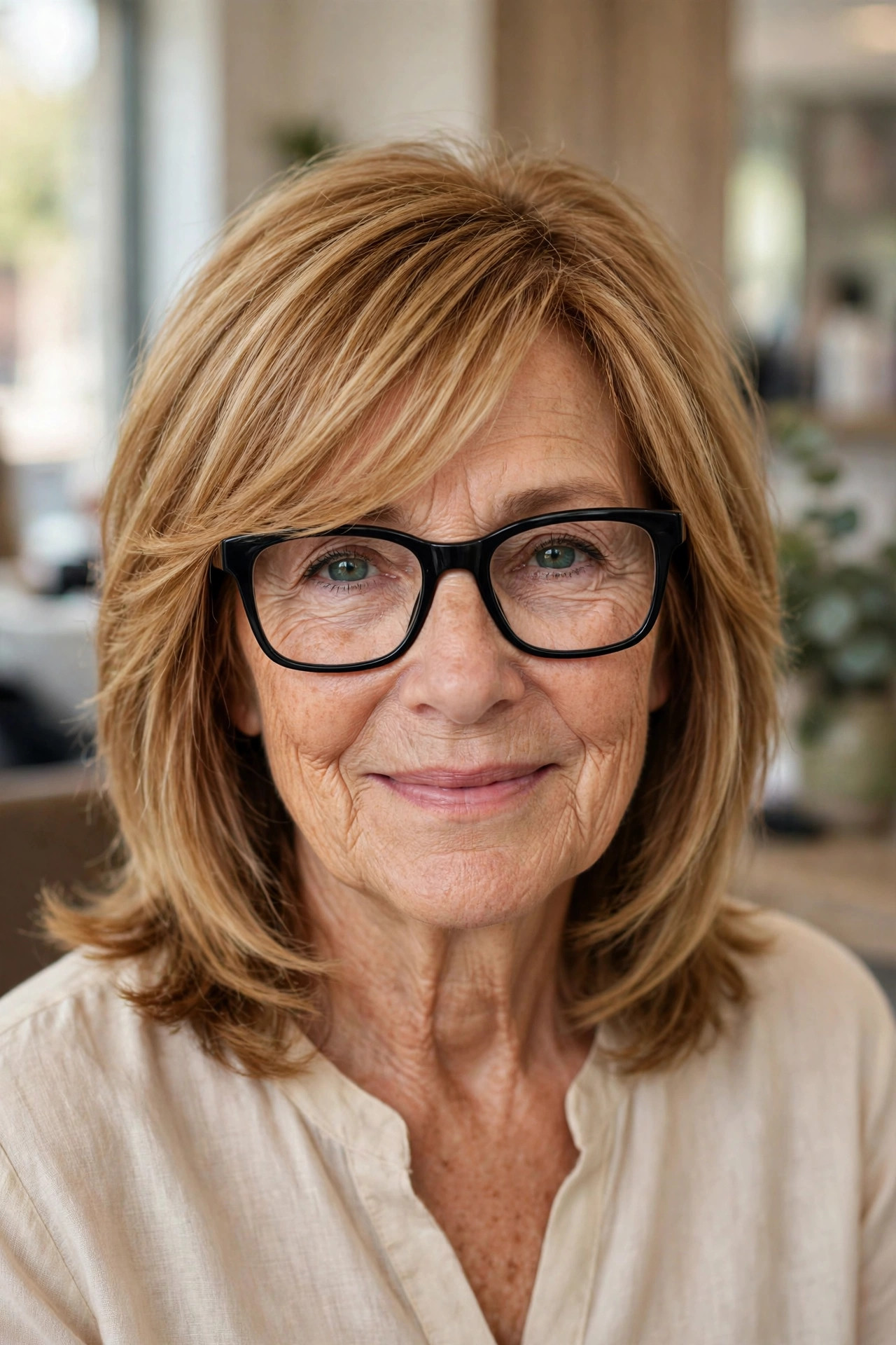 Side-swept bangs with bold black frames on a woman over 50