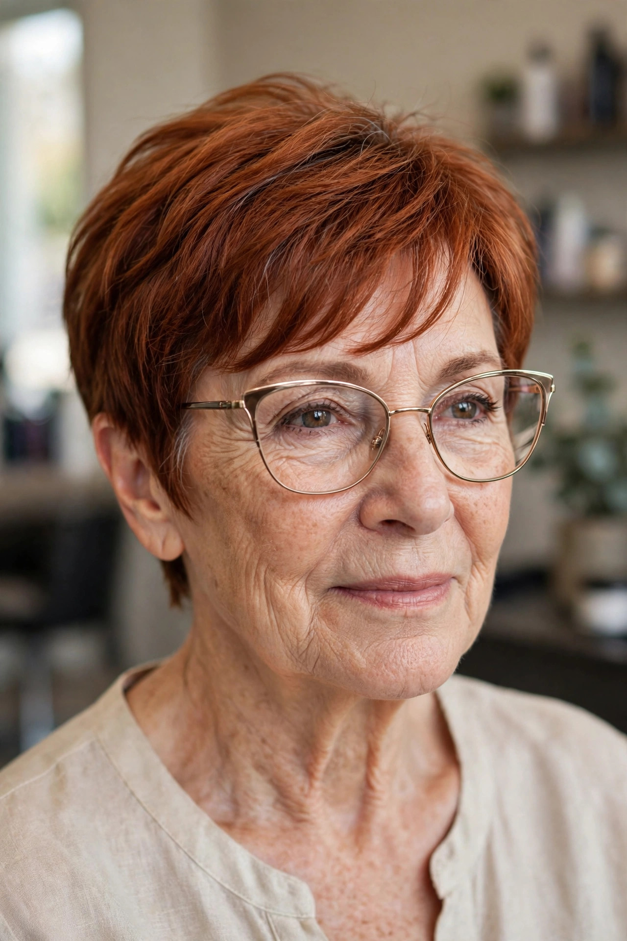 Wispy side fringe on a pixie-bob with gold cat-eye glasses on a woman over 50