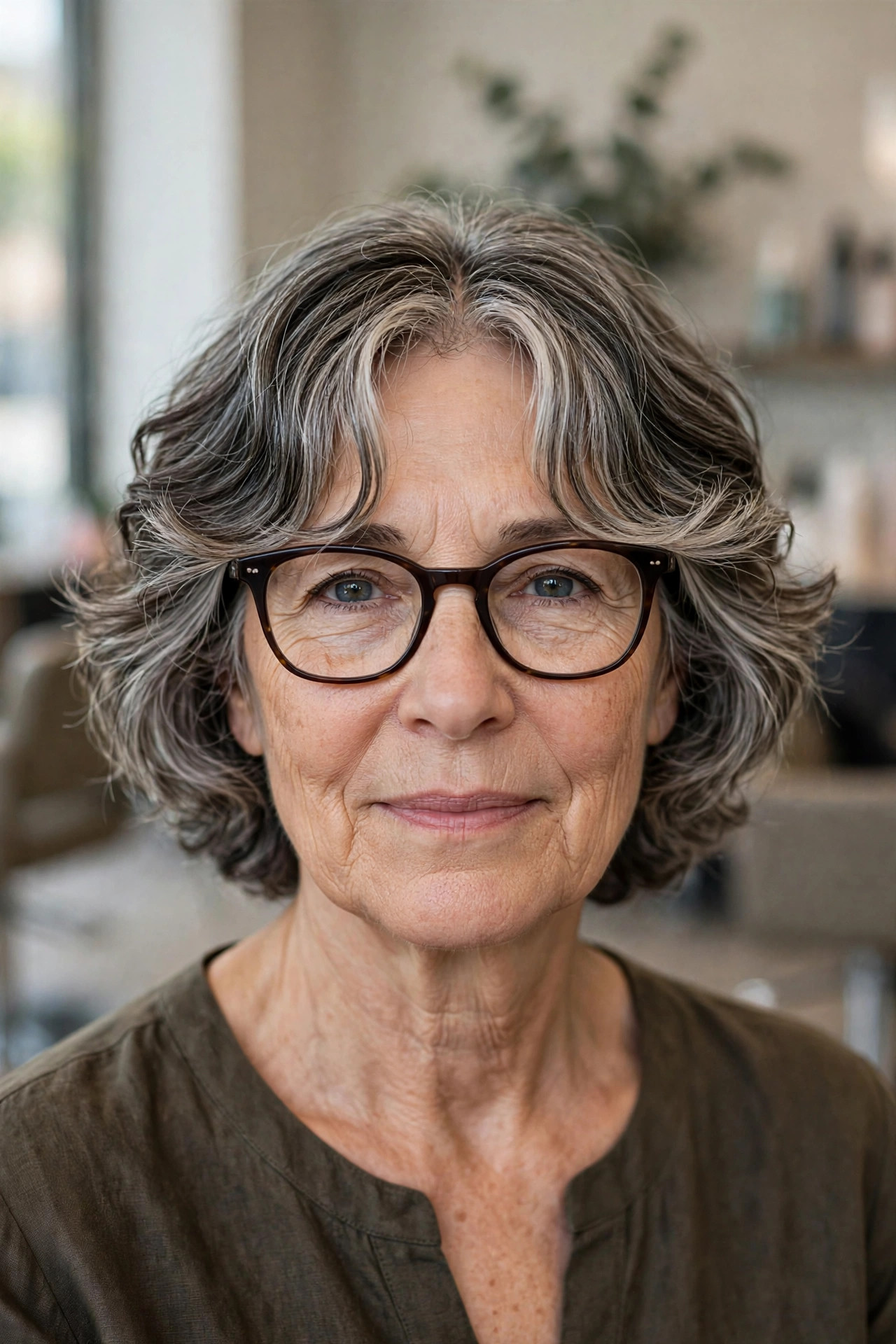 Curtain bangs parting around glasses on a woman over 50