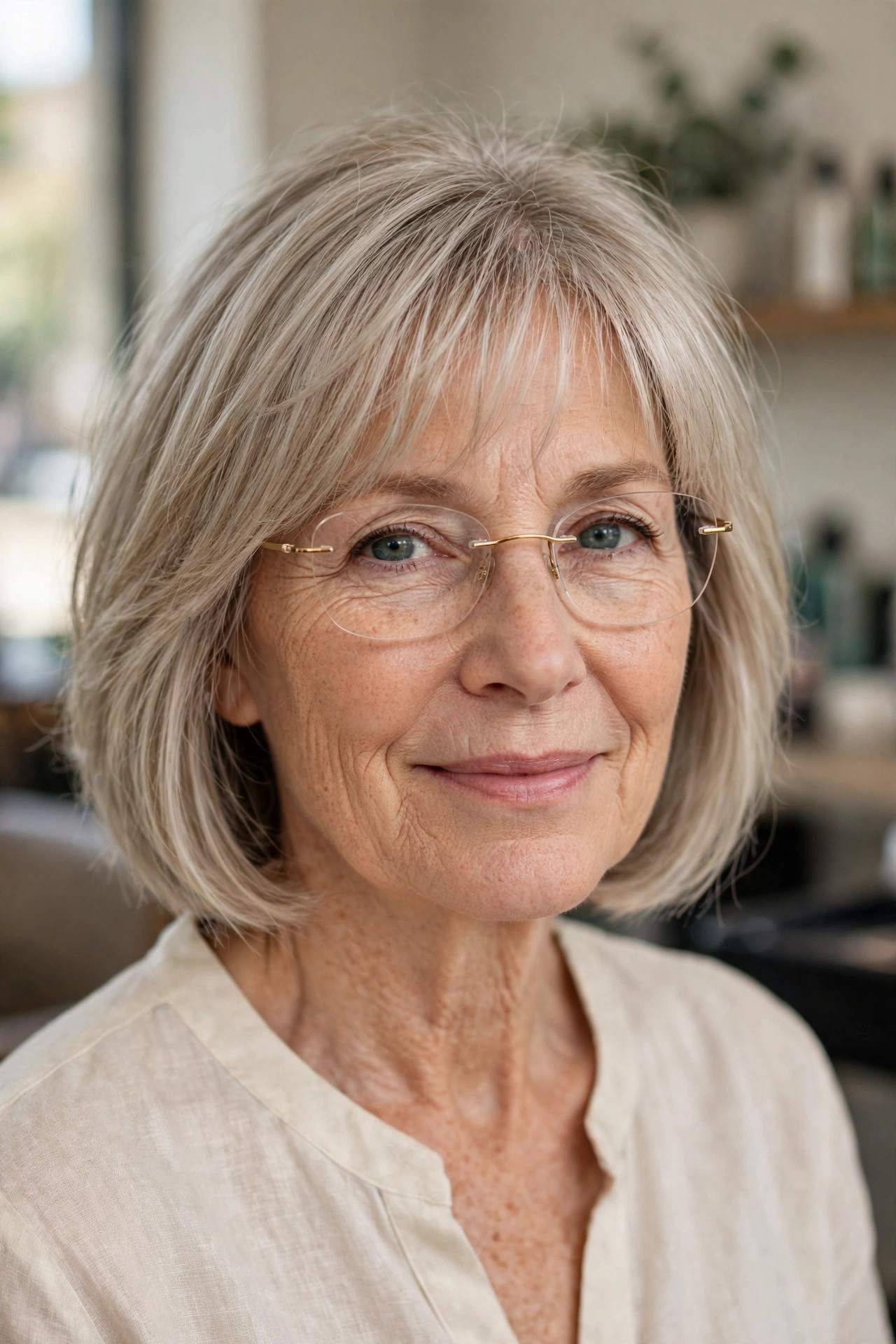 Wispy bangs with rimless glasses on a woman over 50