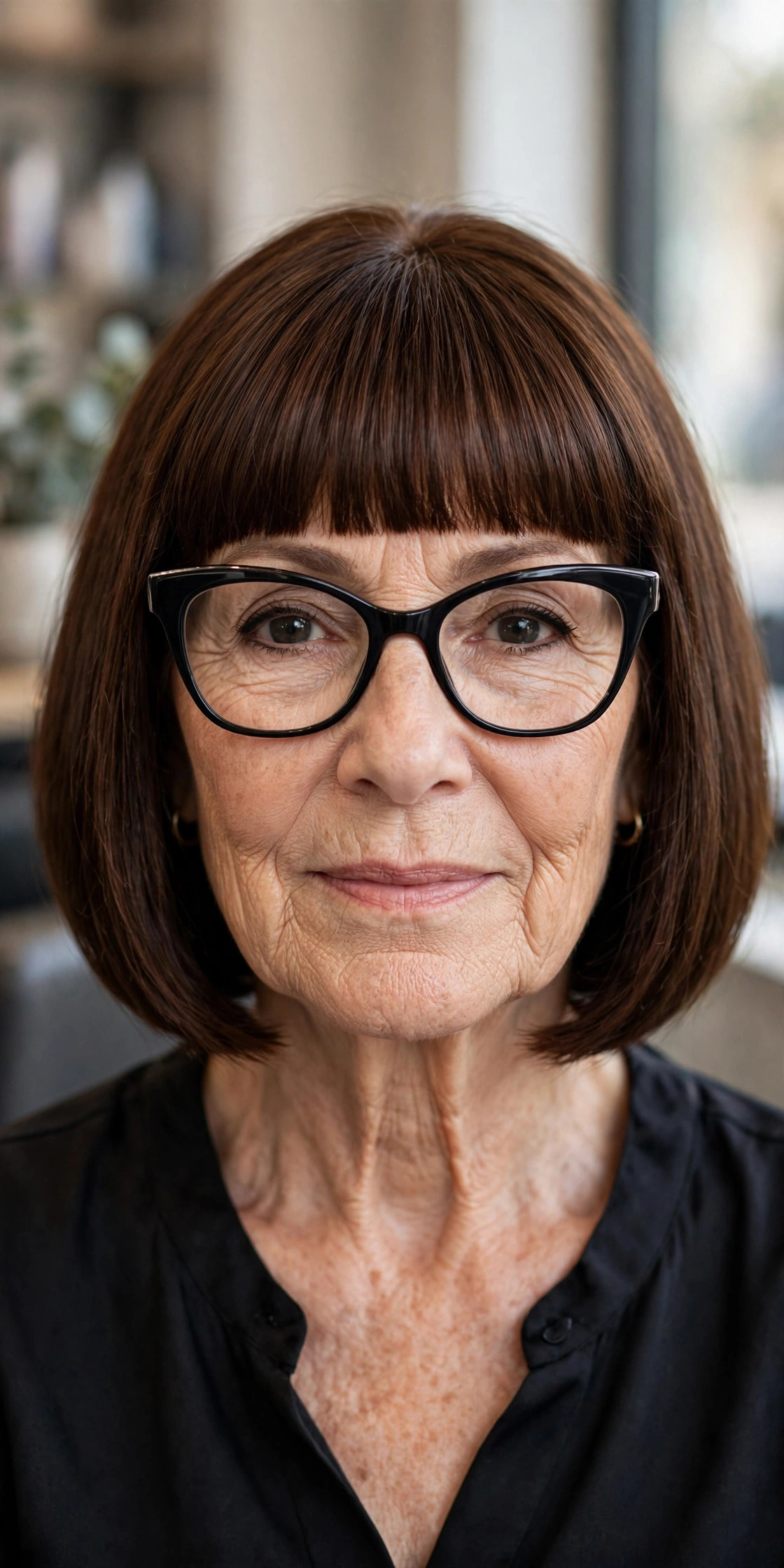 Blunt fringe with cat-eye glasses on a woman over 50