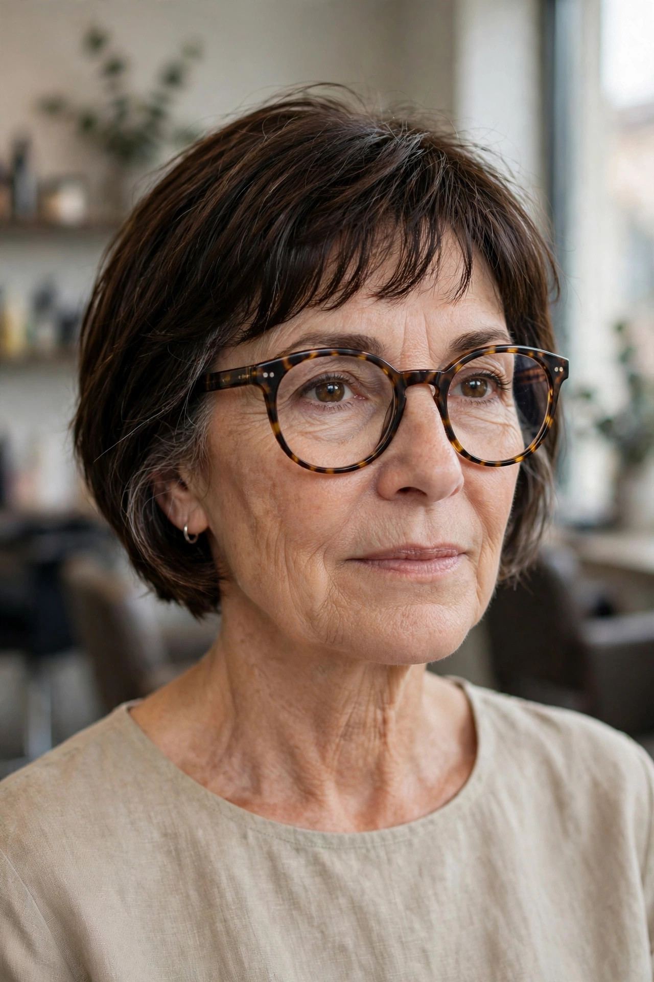 Piecey French bob bangs with round glasses on a woman over 50